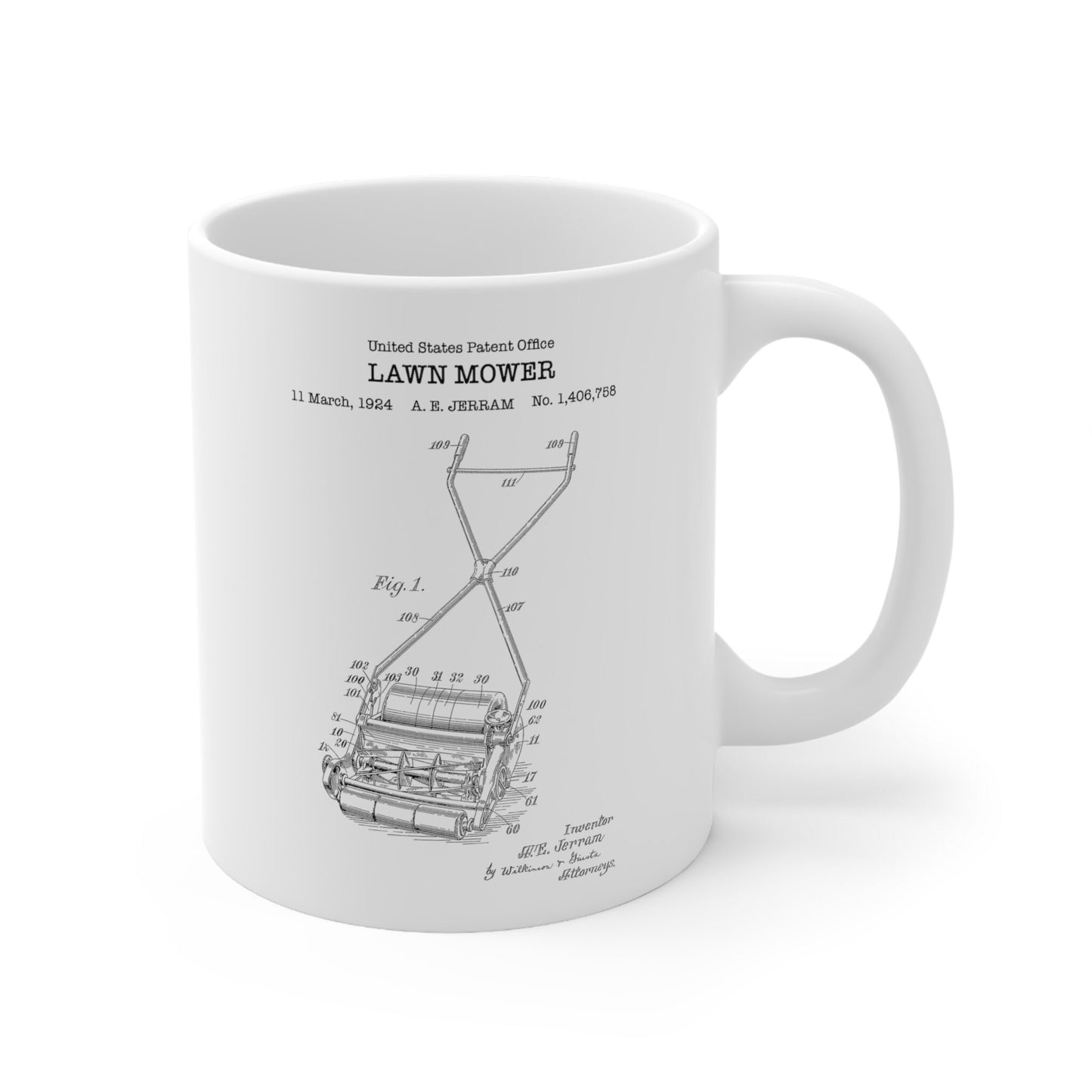 Lawn mower patent from 1924 from the US Patent Office. An 11oz mug perfect as gift for any gardener or garden enthusiast.