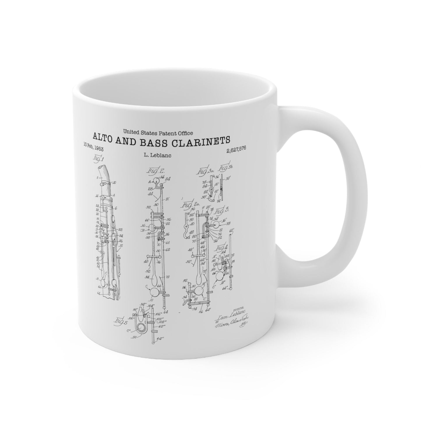 Key mechanism for alto and bass clarinets from 1953 from the US Patent Office. An 11oz mug perfect as gift for a music lover or clarinettist