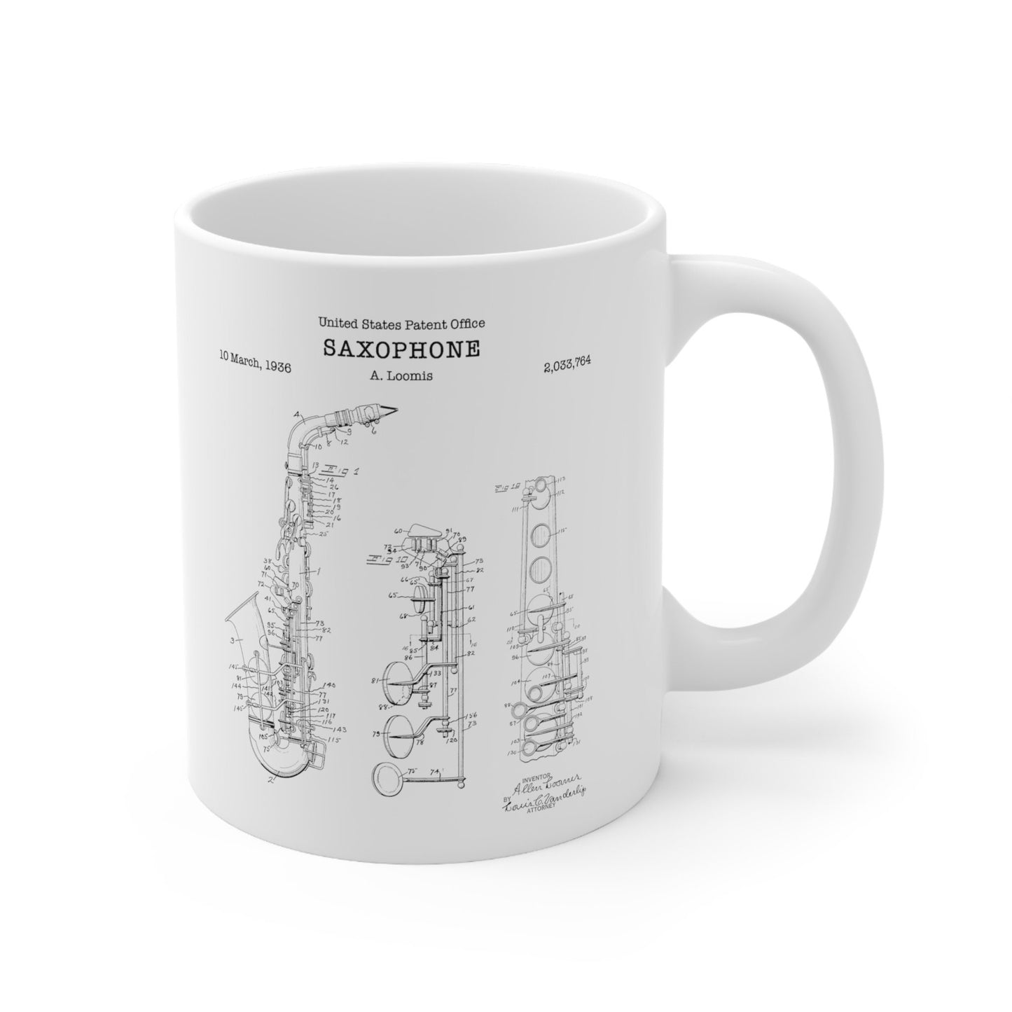 Saxophone  patent from 1936 from the US Patent Office. An 11oz mug perfect as gift for a music lover or saxophone player