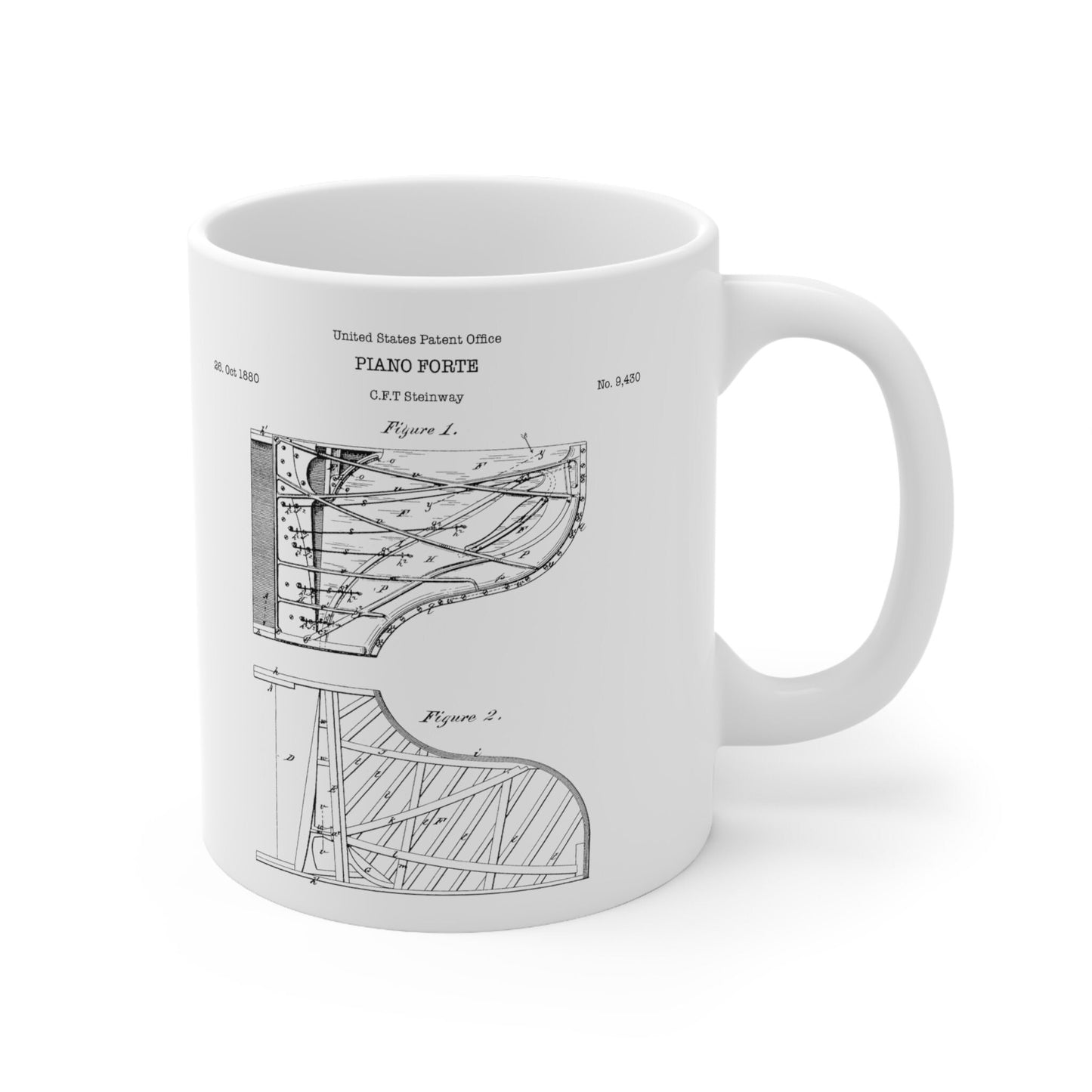 Steinway Grand Piano Patent Mug from US Patent Office. 11oz mug perfect as gift for any pianist, classical musician or music lover