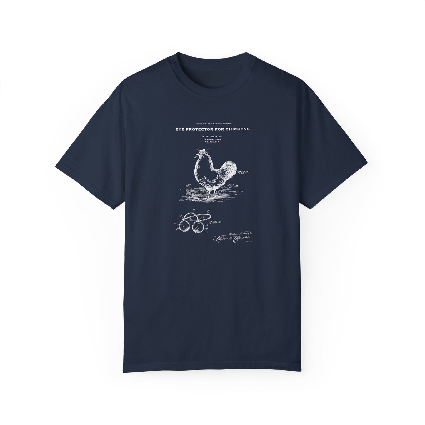 T shirt with US patent design from 1903 for steampunk style eye protection goggles for chickens. Quality T shirt as gift for animal lovers