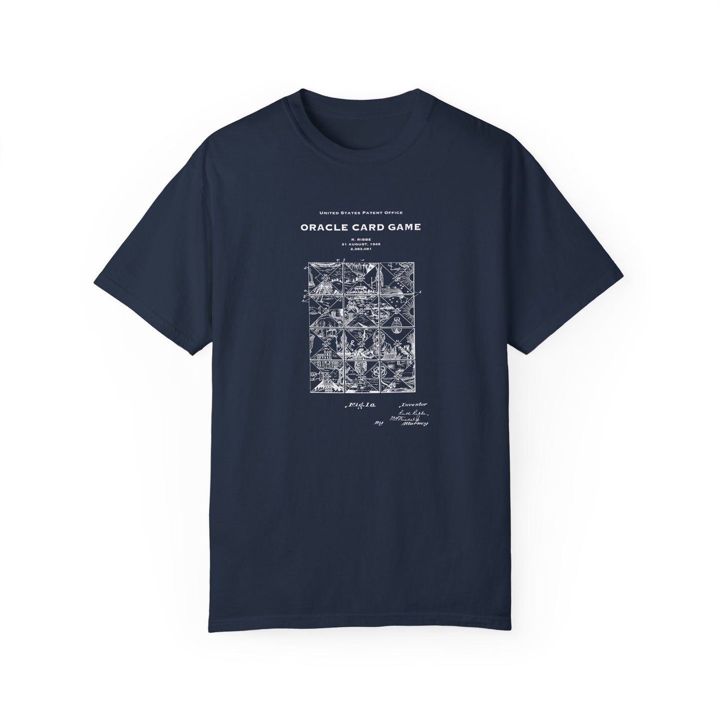 T shirt with US patent design from 1945 for a vintage steampunk style quirky oracle card game