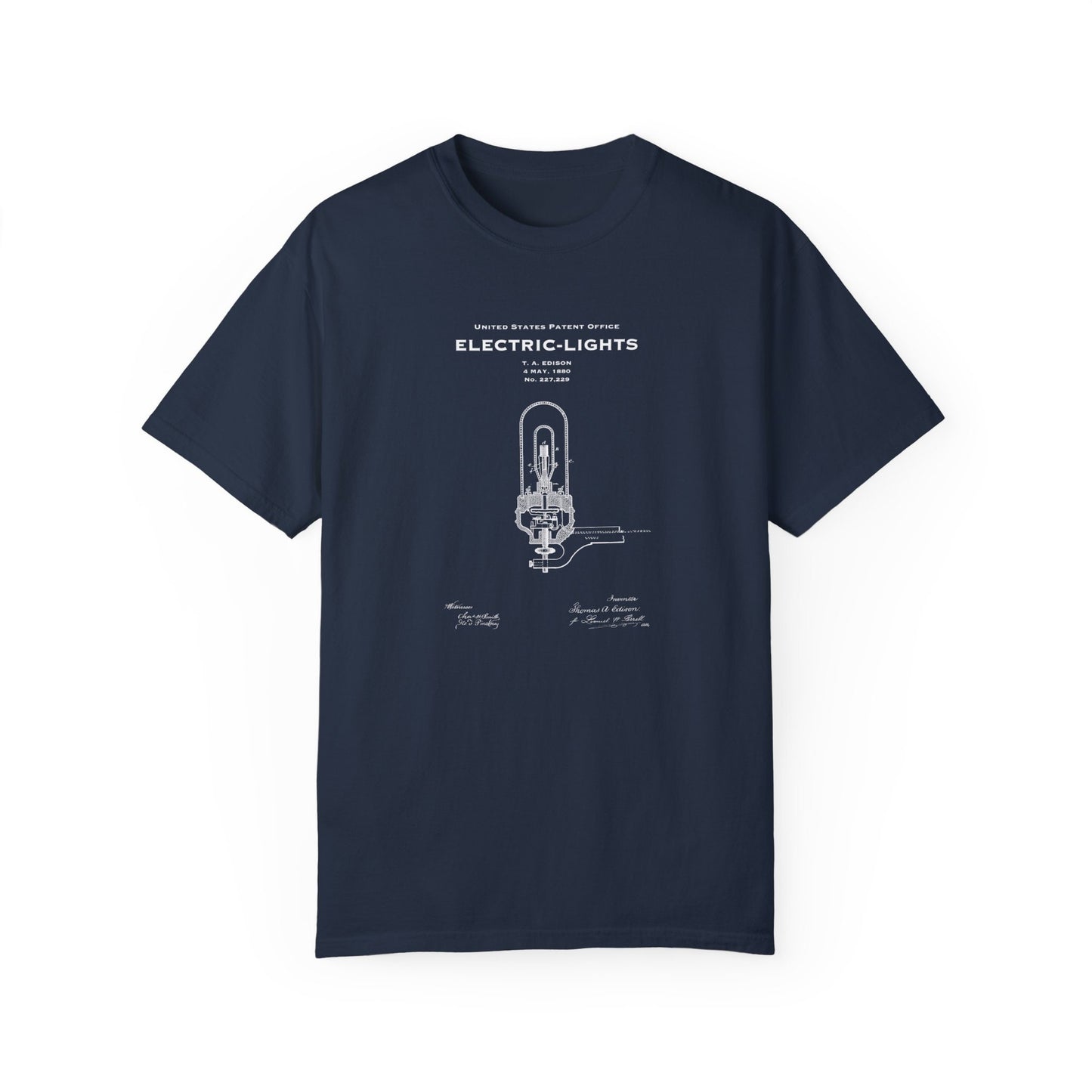 T shirt with famous patent design from 1880 for invention of electric lamp by Thomas Edison. Quality T shirt as gift for scientists