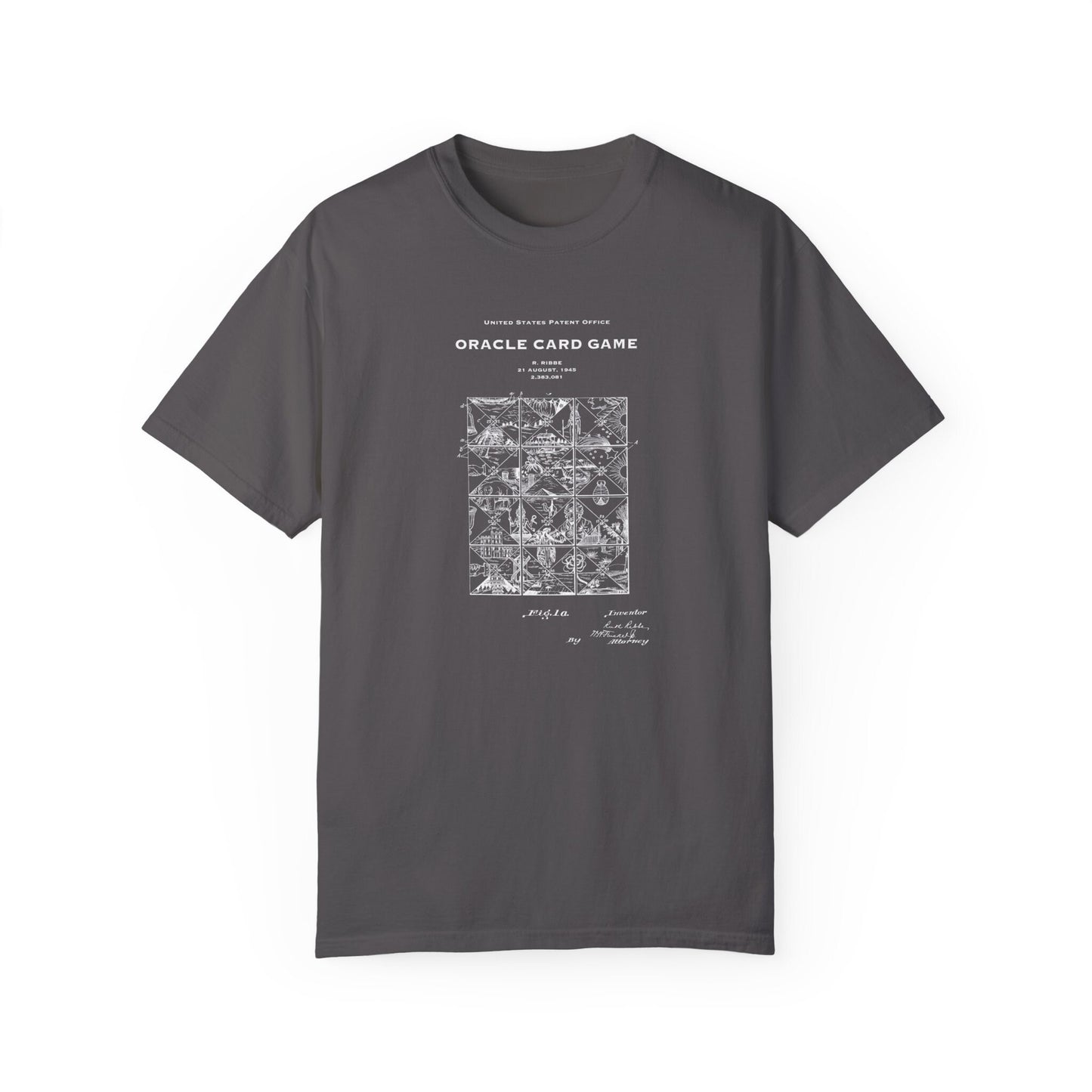 T shirt with US patent design from 1945 for a vintage steampunk style quirky oracle card game