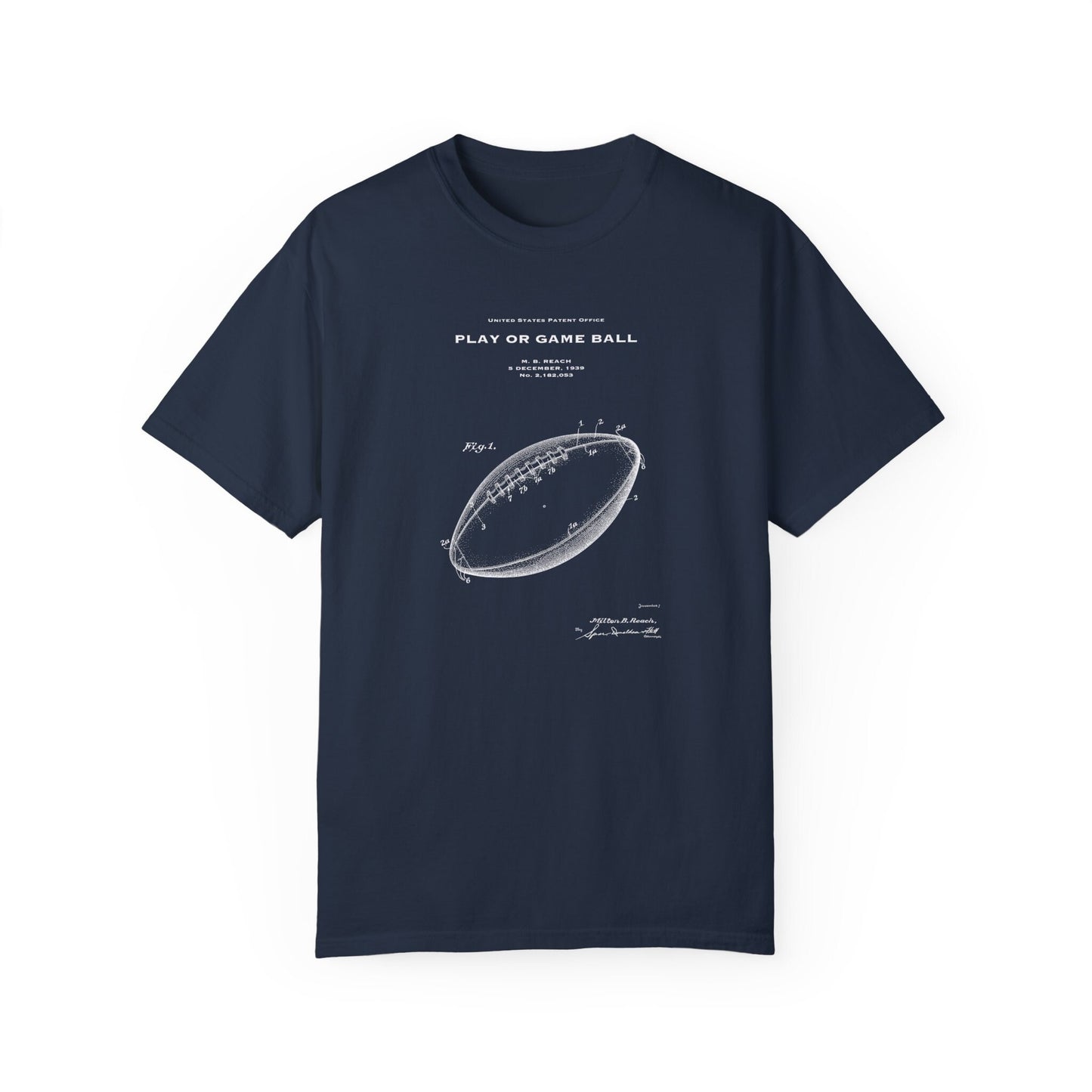 T shirt with US patent design from 1939 for an American football design. Quality T shirt as gift for football player, sports fan, footballer