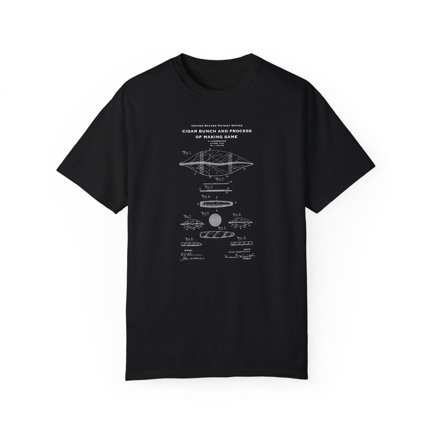 T shirt with US patent design from 1915 for method to making a cigar. Quality T shirt as gift for cigar fans, smokers, smoking, cigars