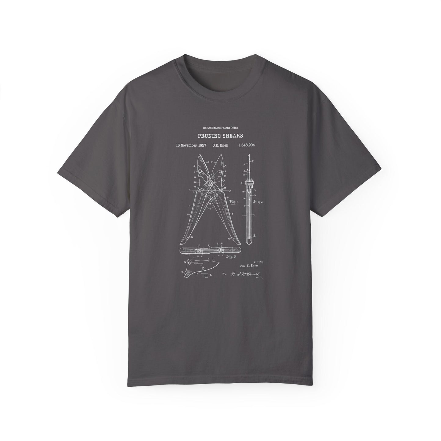 Pruning shears gardening patent from 1927 from the US Patent Office. A quality T shirt as gift for any gardener or garden enthusiast.