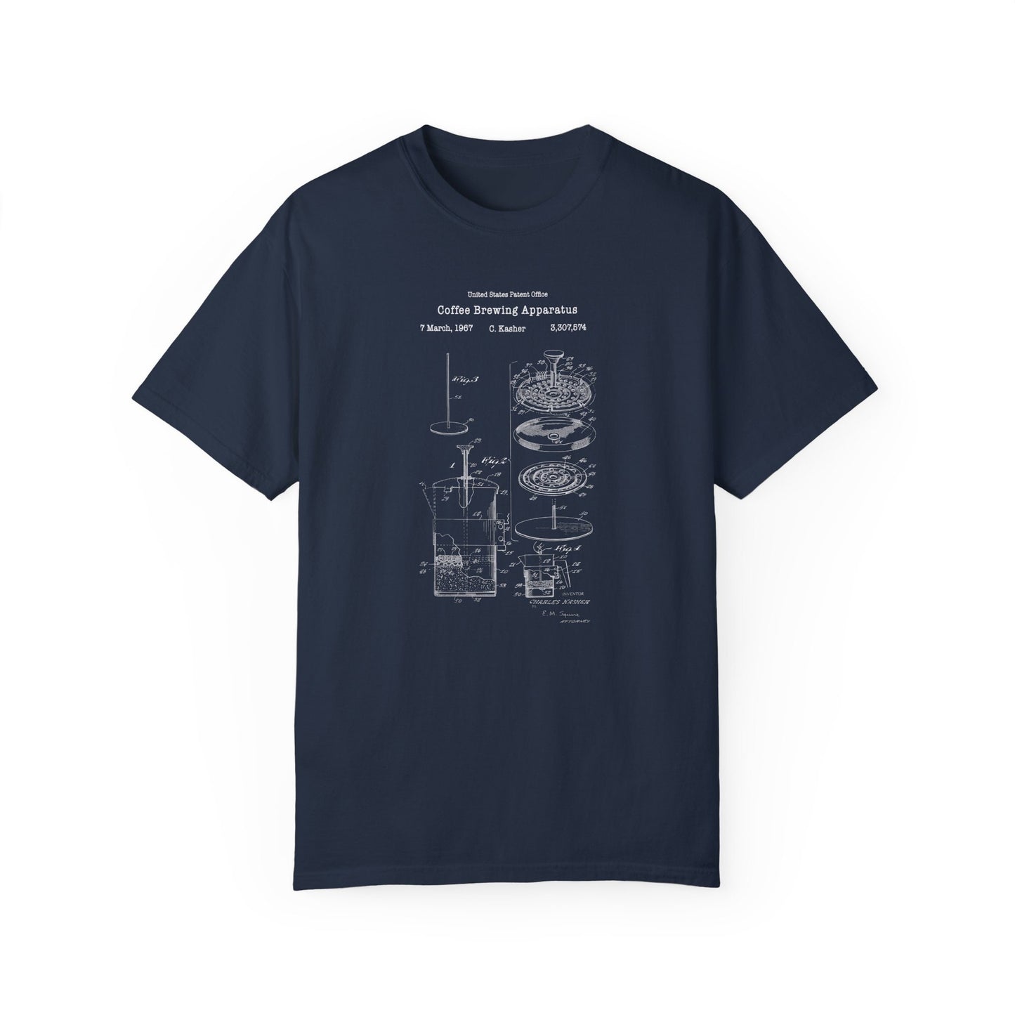 Vintage coffee brewing press  design from US Patent Office. A quality T shirt perfect for coffee and caffeine lovers