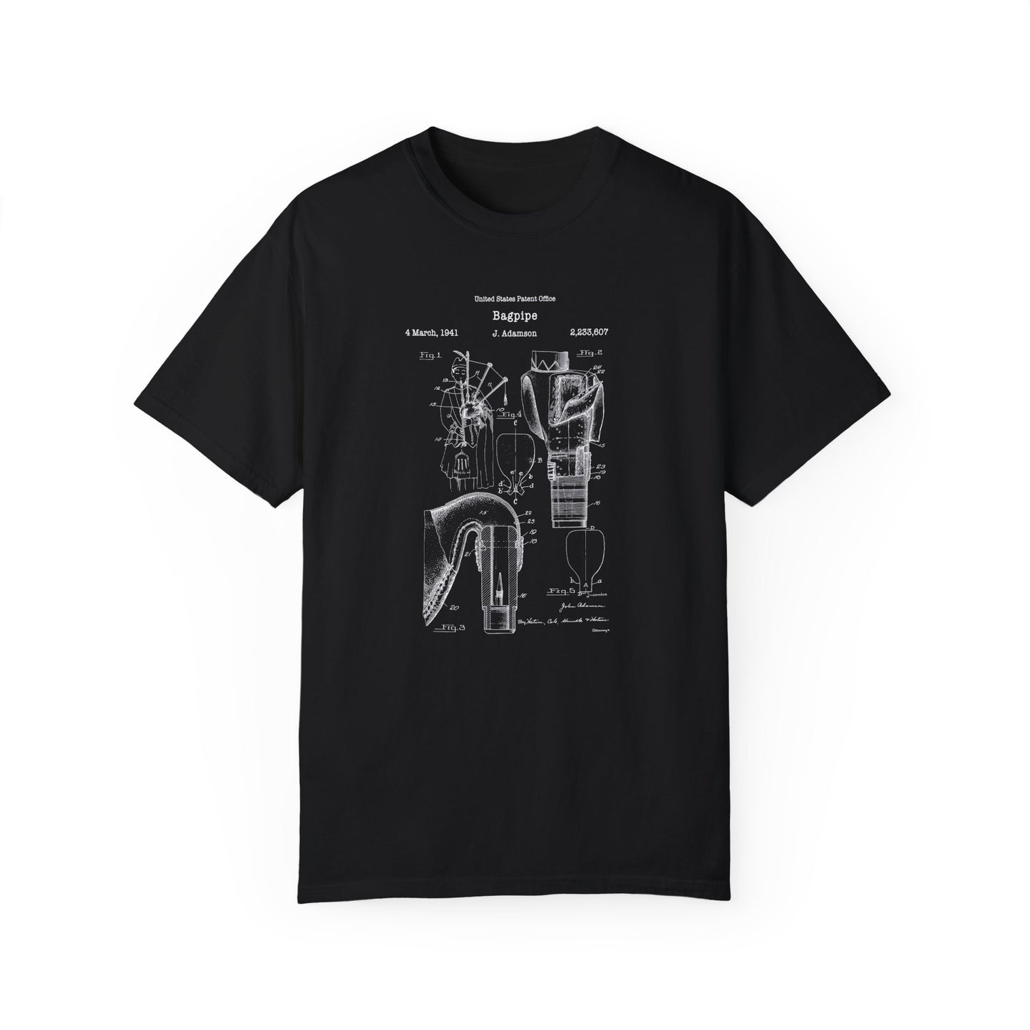 Scottish bagpipes musical instrument design from US Patent Office. A quality T shirt perfect for musicians, music lovers, bagpipers