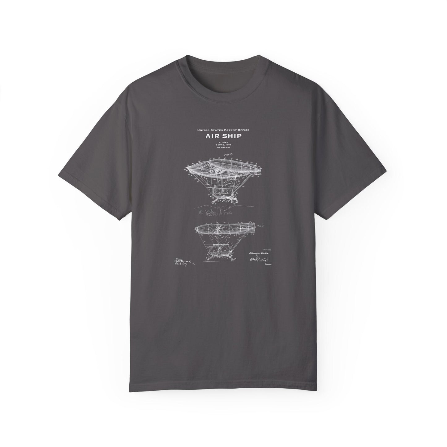 T shirt with US patent design from 1908 for a quirky vintage steampunk style airship. A quality T shirt as gift for airplane, pilot aviation