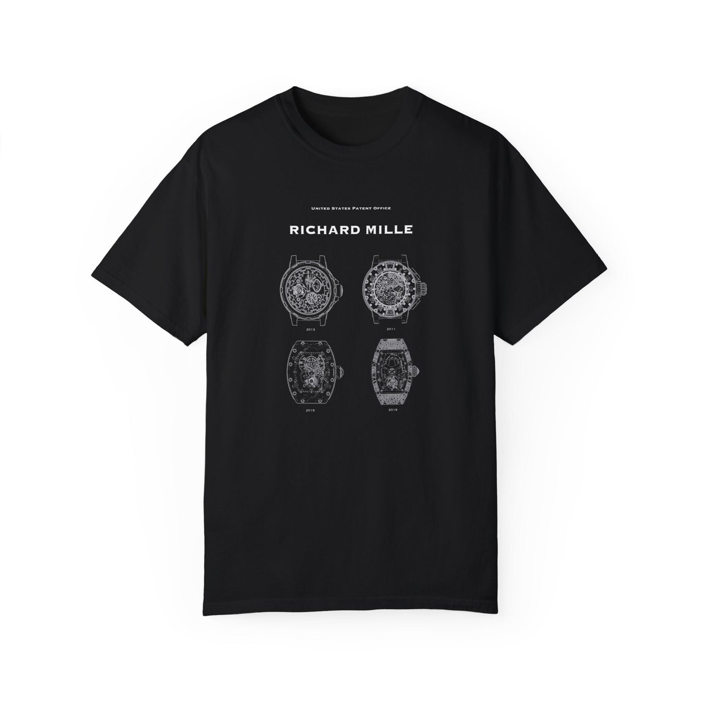 T shirt with US patent office designs of a variety of watch faces for Richard Mille watches. Perfect gift for watch collectors