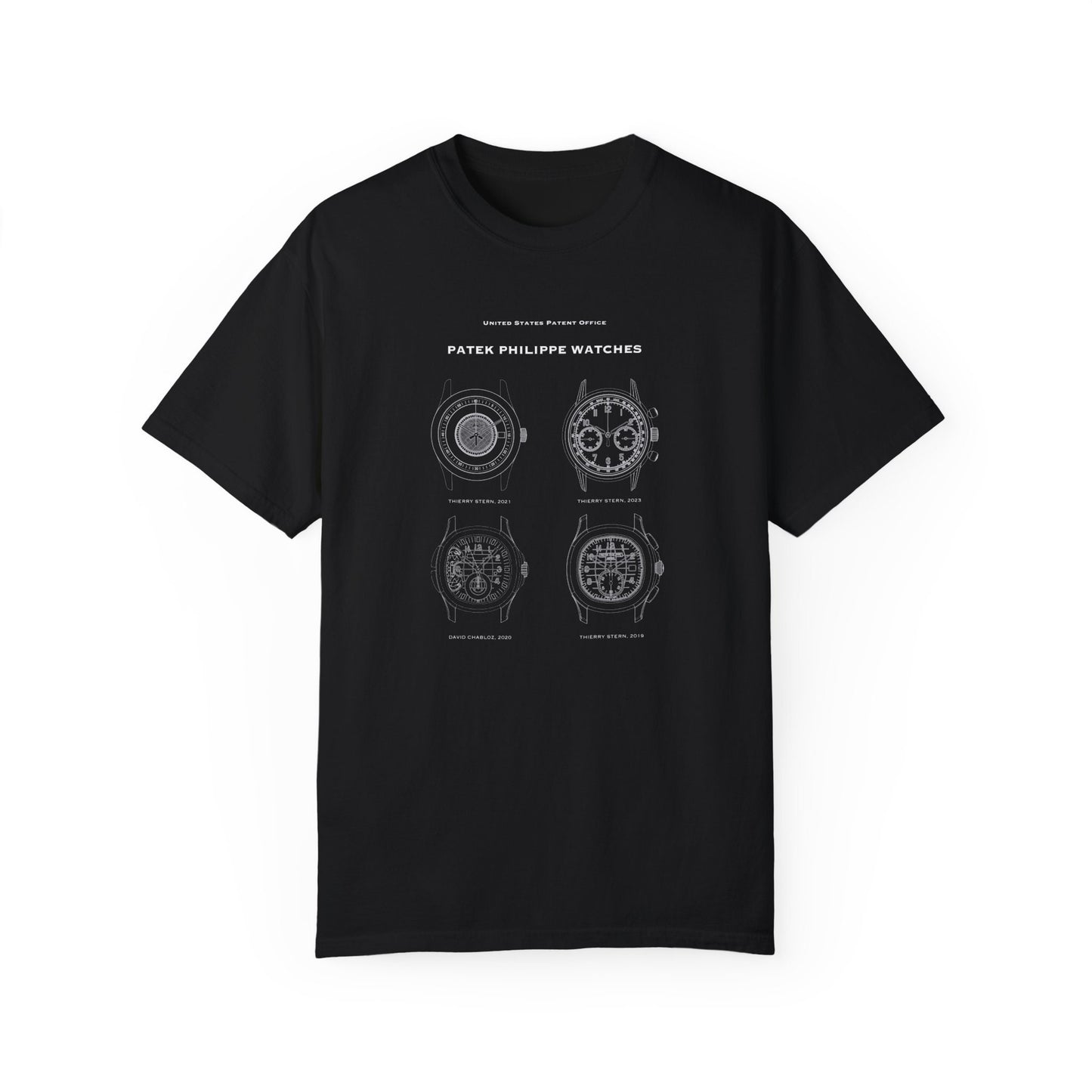 T shirt with US patent office designs of a variety of watch faces for Patek Philippe luxury watches. Perfect gift for watch collectors