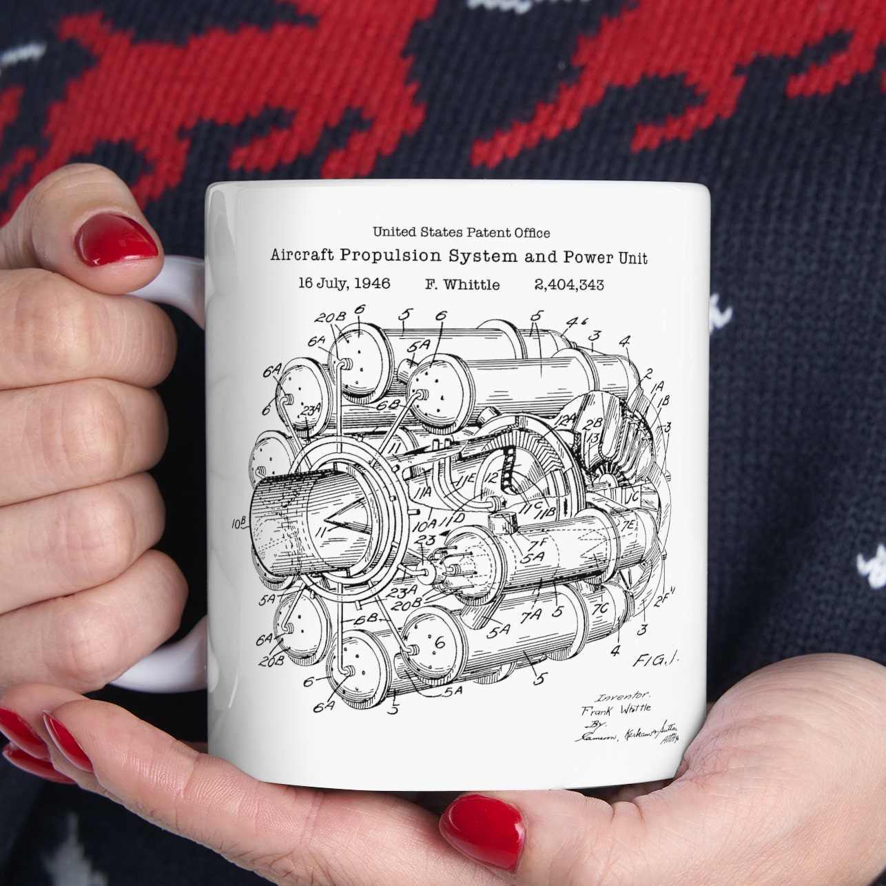 Frank Whittle aircraft  jet engine design from the US Patent Office. Perfect 11oz mug gift for engineers, aviation pilots mechanics flyers