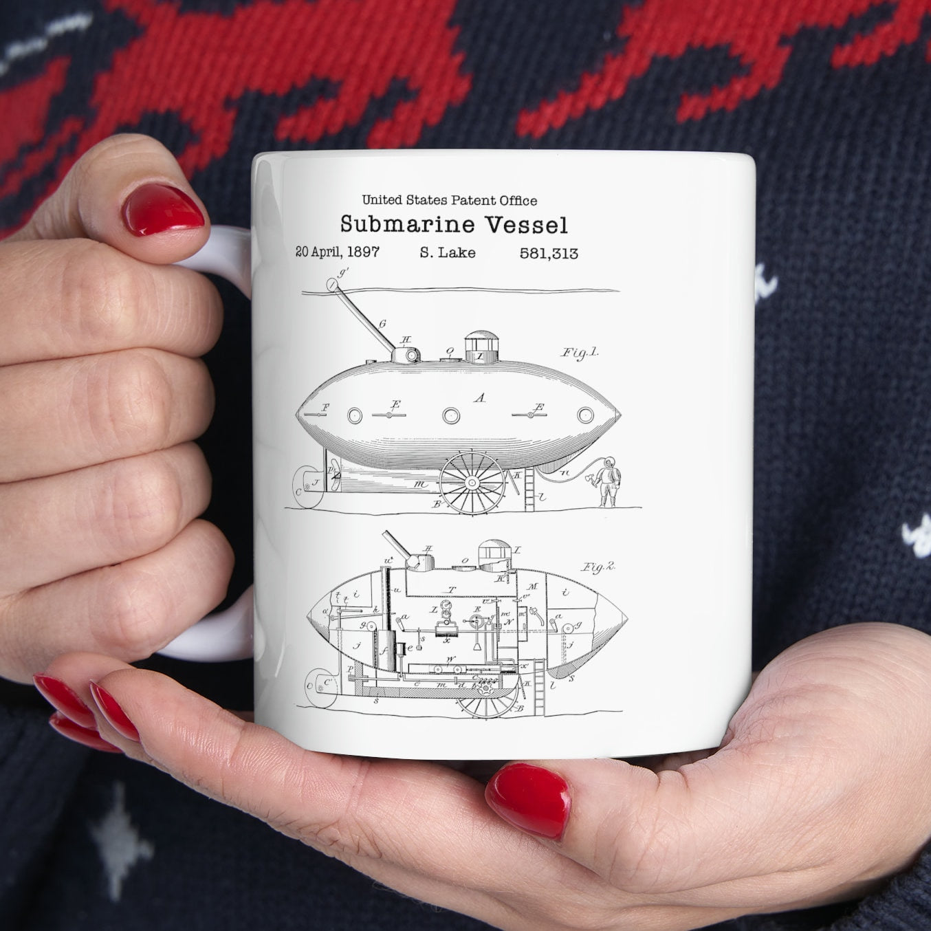 Old steampunk submarine design from 1897 from the US Patent Office. Perfect 11oz mug gift for submariners navy naval sailor nautical