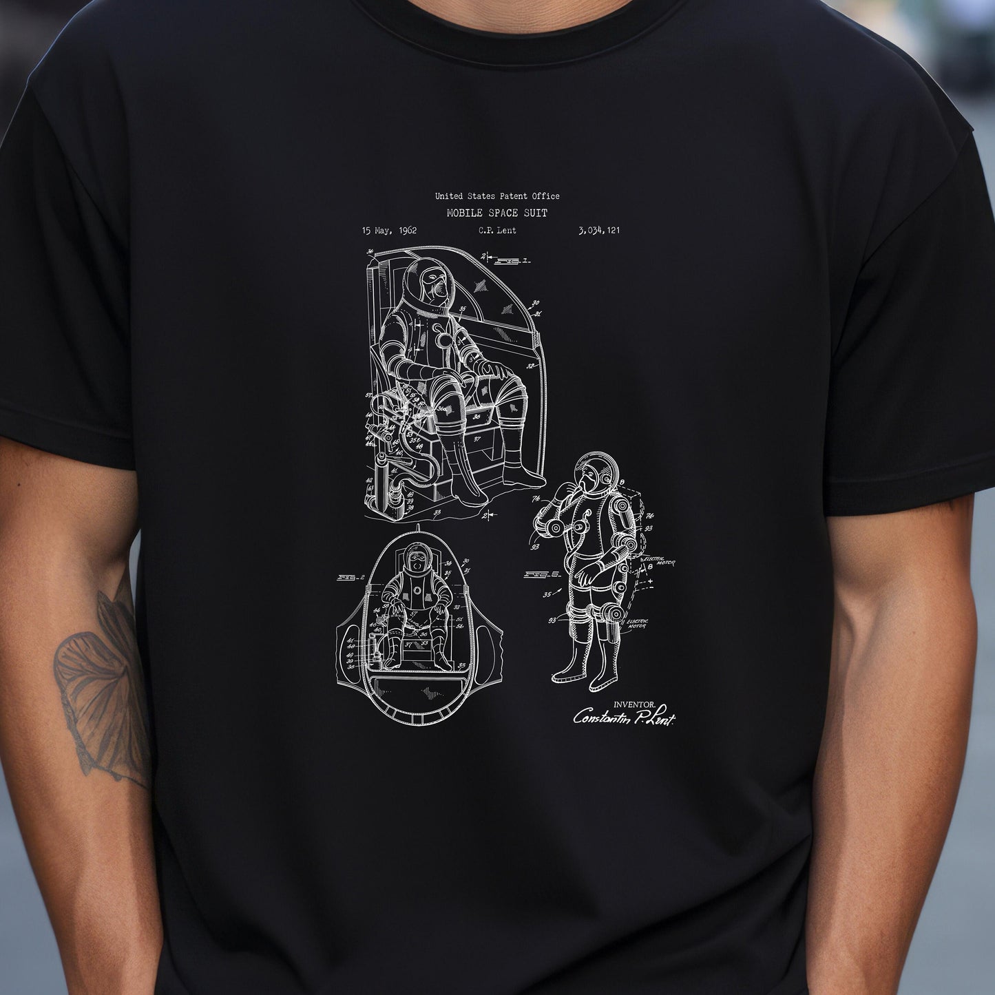 Mobile space suit design T shirt from the US Patent Office . Perfect gift for any with interest in space, aviation, scientist, engineer