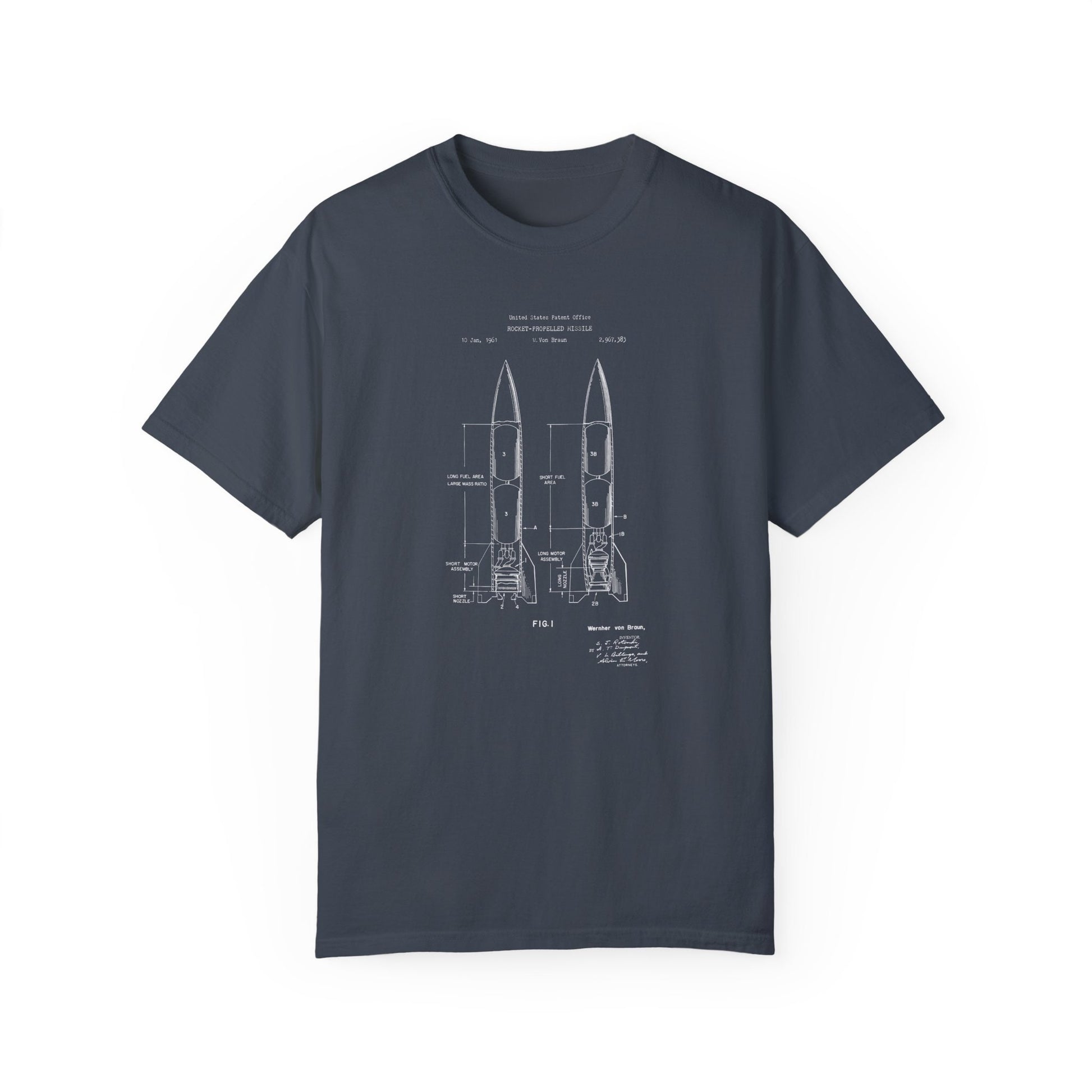 a navy blue t - shirt with a drawing of a rocket