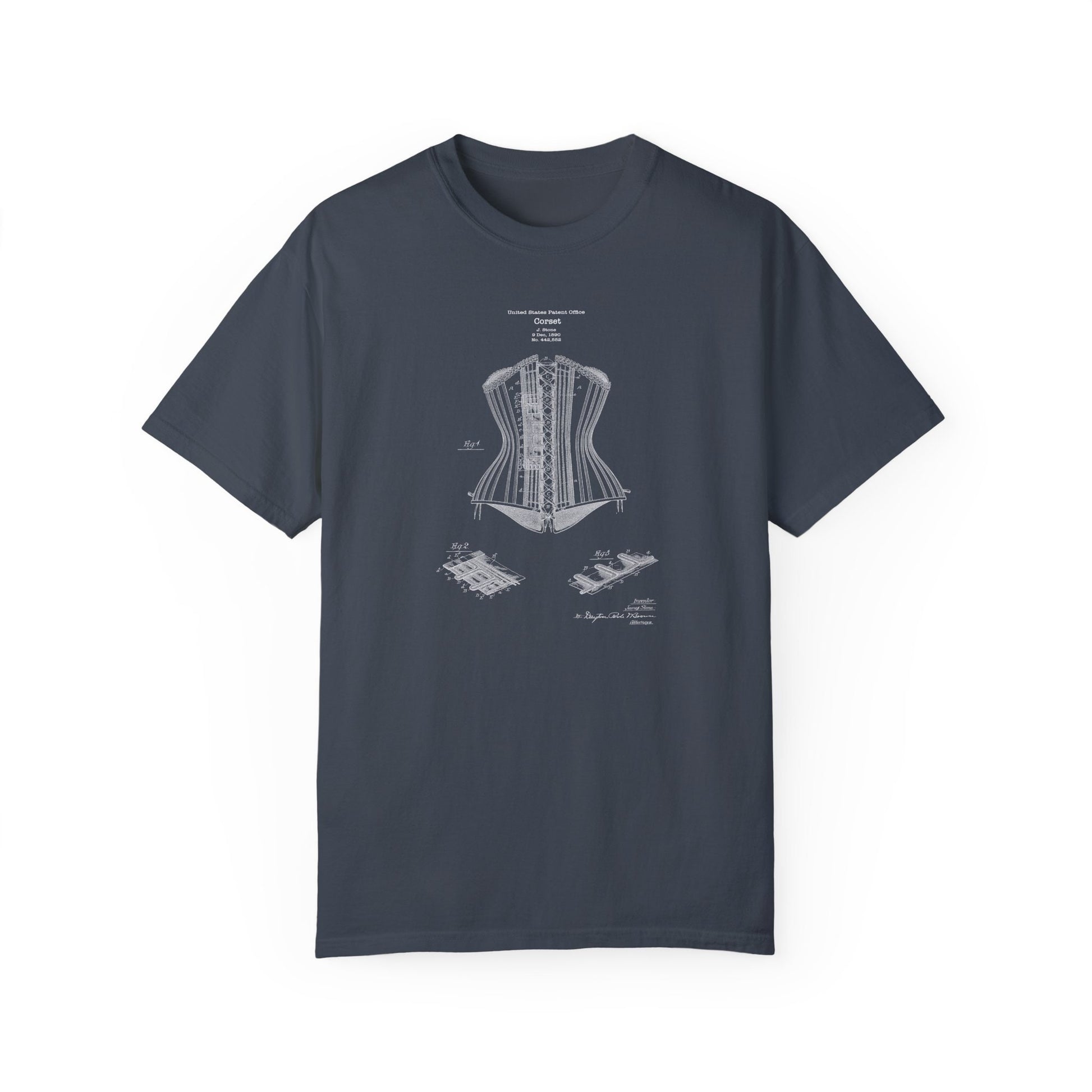 a blue t - shirt with a drawing of a corset