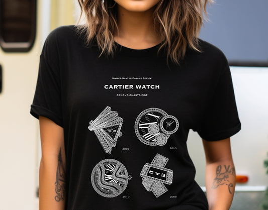 T shirt with US patent office designs for a variety of luxury Cartier watches by Arnaud Chastaingt. Gift for watch collectors