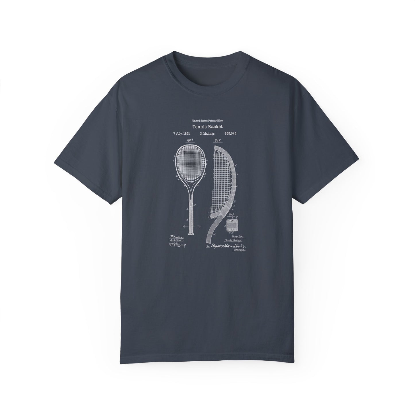 a t - shirt with a drawing of a tennis racket