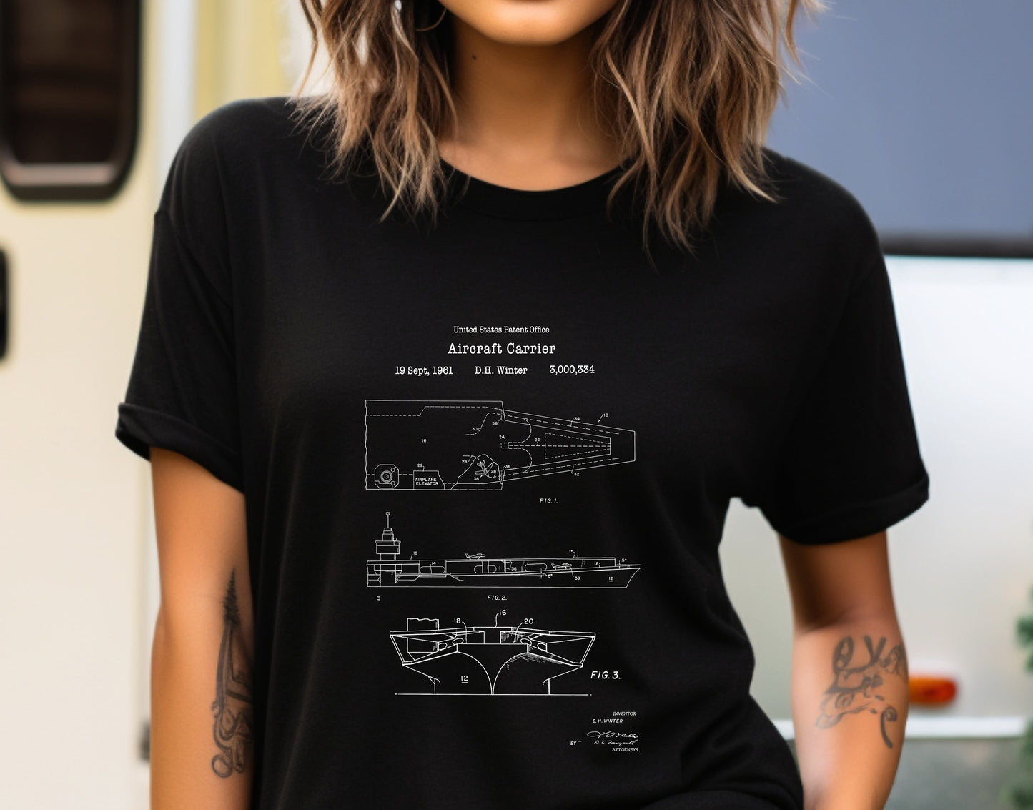 Naval aircraft carrier warship design from US Patent Office. A quality T shirt perfect for military naval historians navy veterans nautical