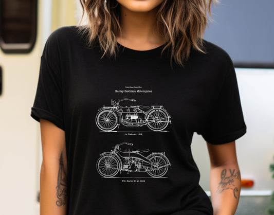 Designs for Harley Davidson motorcycles from US Patent office.  Perfect T shirt gift  for bikers, Harley fans, motorbike lovers