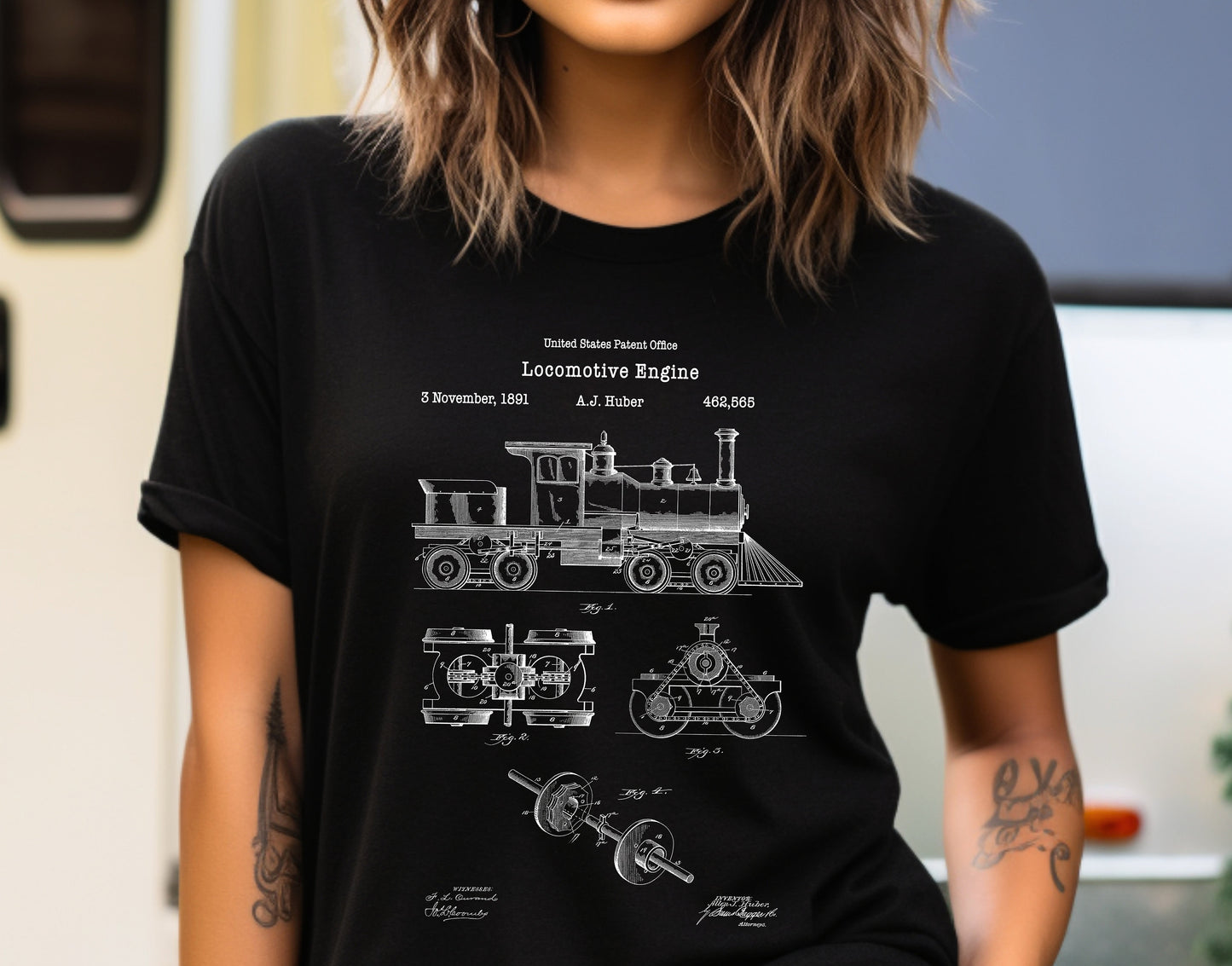 Old antique locomotive design from US Patent Office. A quality T shirt perfect for railway , train, railroad fans, transport, trainspotter