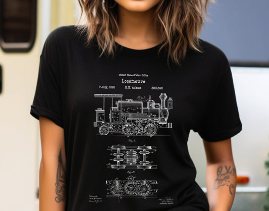 Old antique locomotive design from US Patent Office. A quality T shirt perfect for railway , train, railroad fans, transport, trainspotter