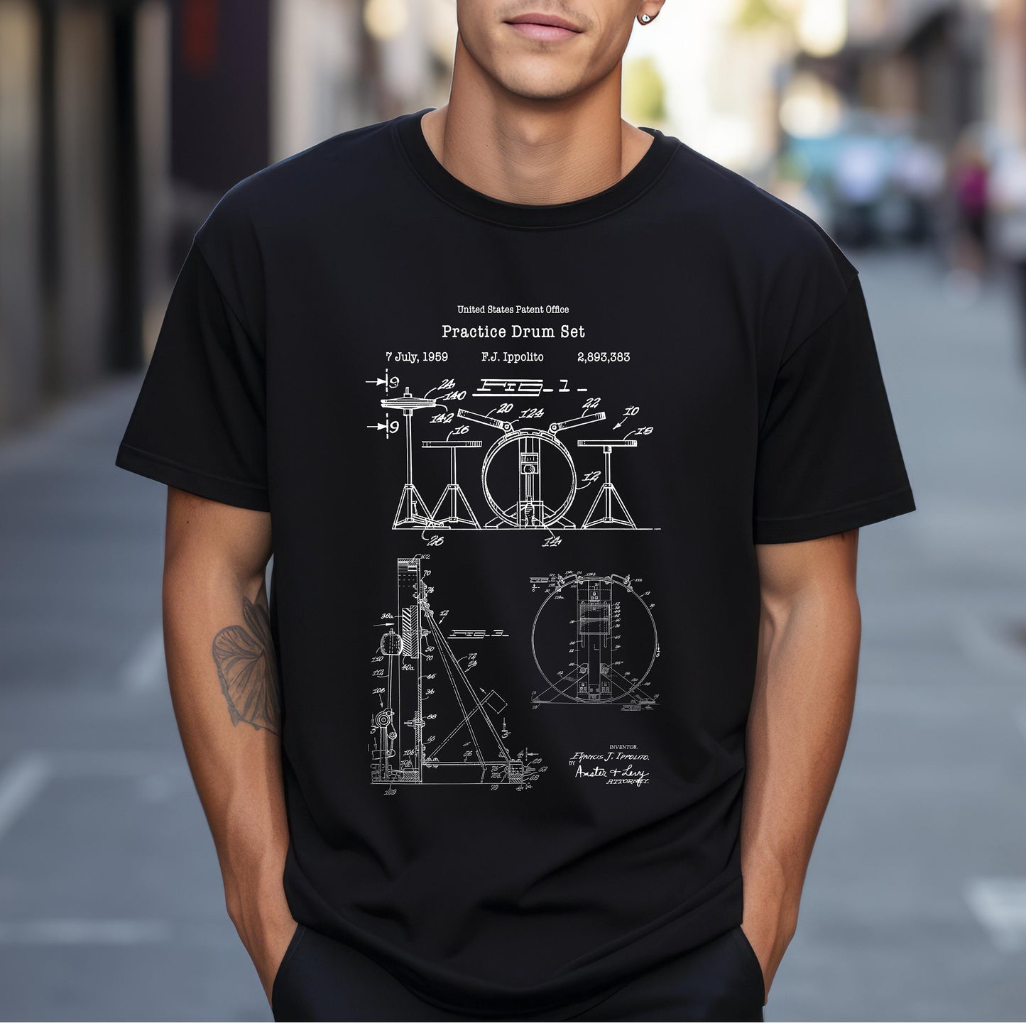 Practice drum set musical instrument design from US Patent Office. A quality T shirt perfect for music lovers, drummers, musicians