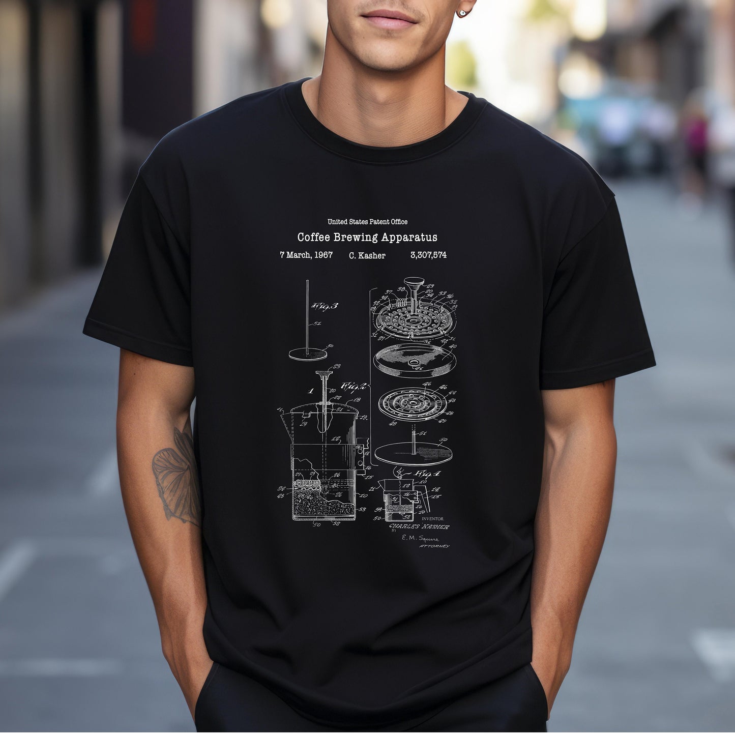 Vintage coffee brewing press  design from US Patent Office. A quality T shirt perfect for coffee and caffeine lovers