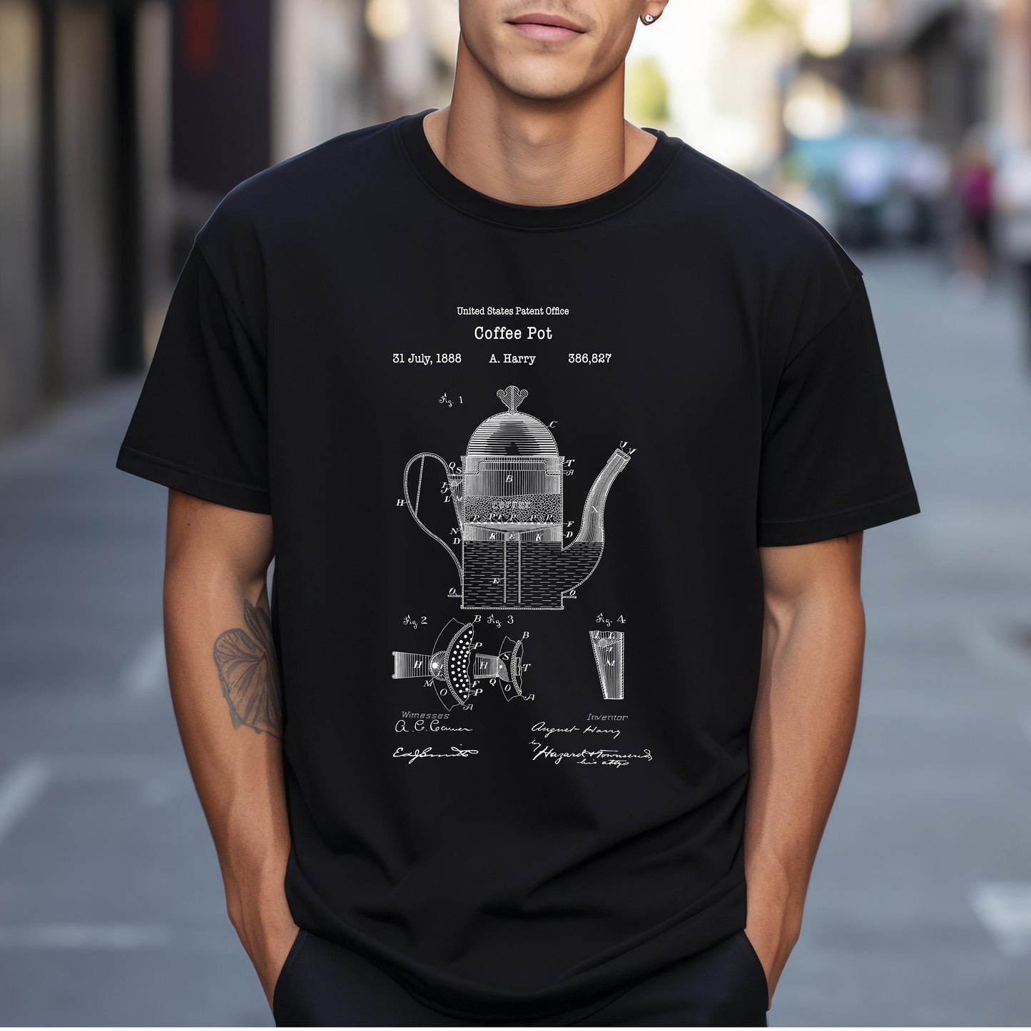 Vintage coffee pot design from US Patent Office. A quality T shirt perfect for coffee and caffeine lovers