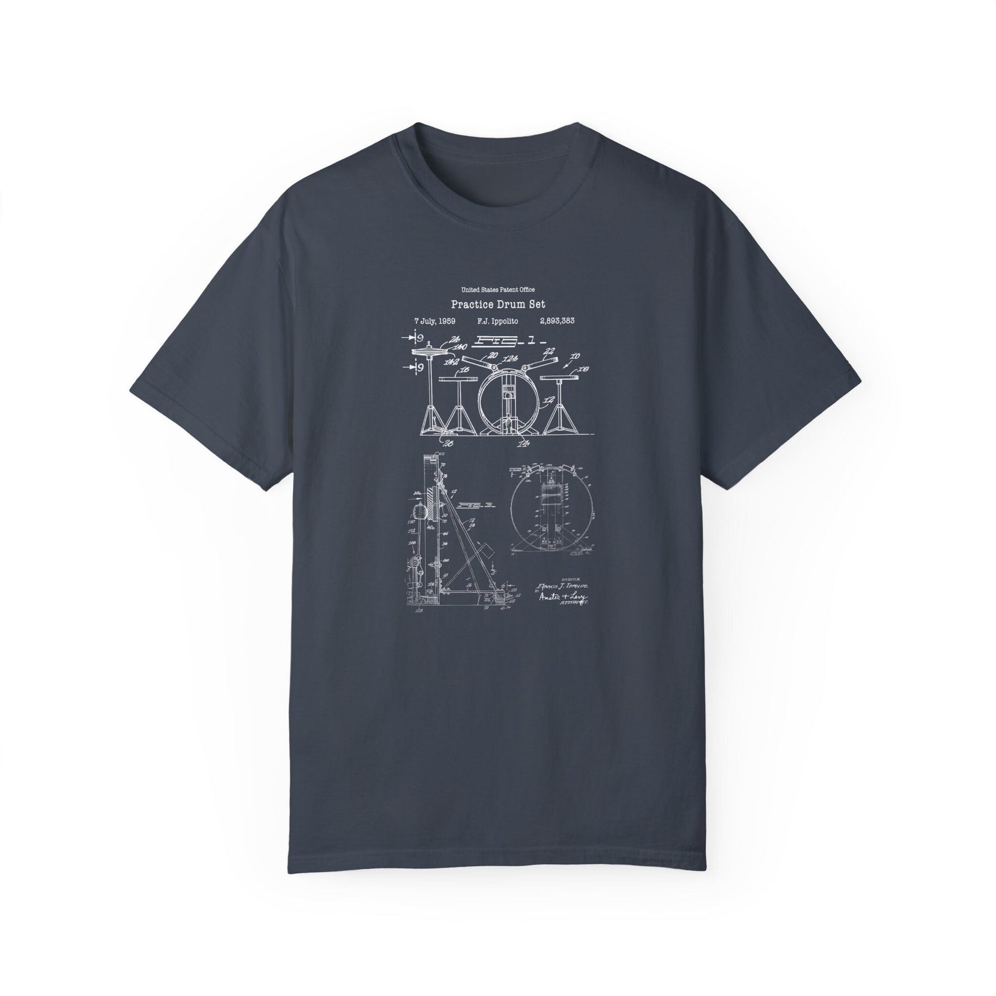 a blueprinted t - shirt with a drawing of a drum