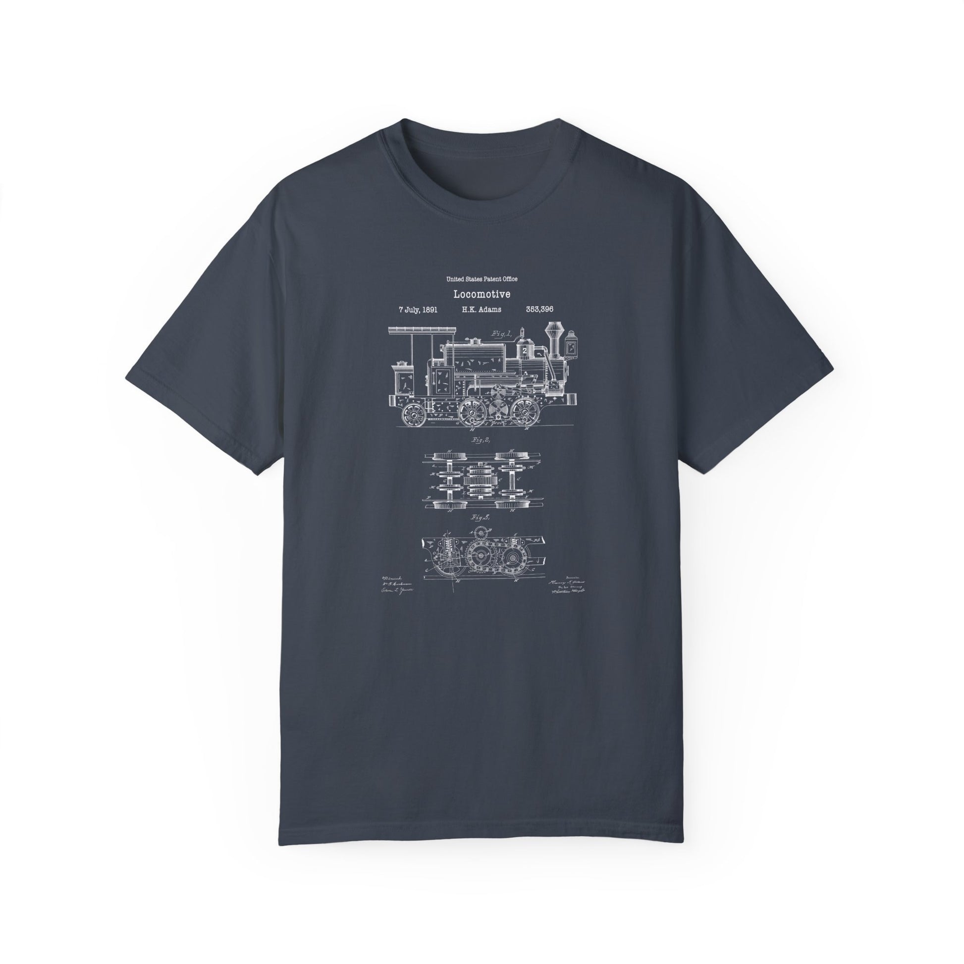 a blueprinted t - shirt with a drawing of a train