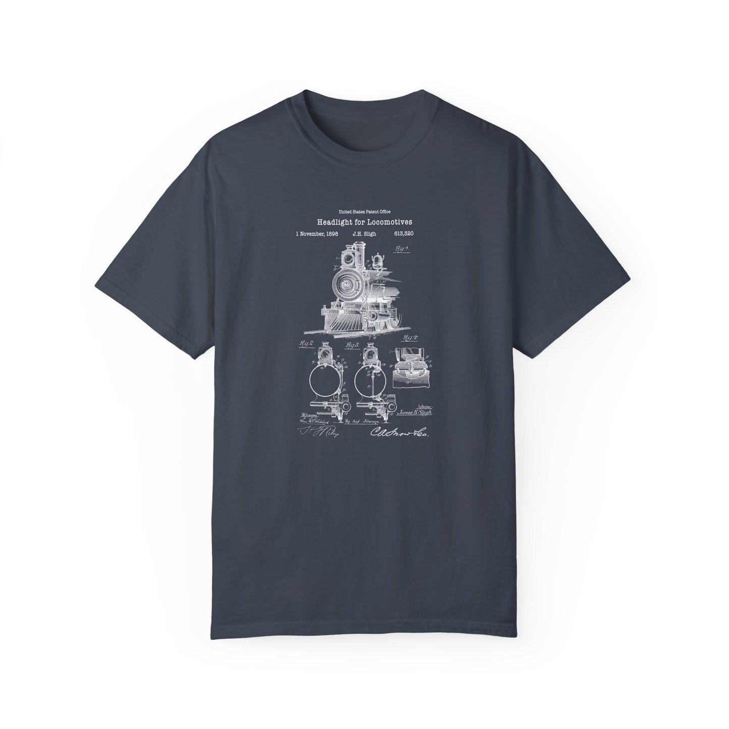 a blueprinted t - shirt with a drawing of a train