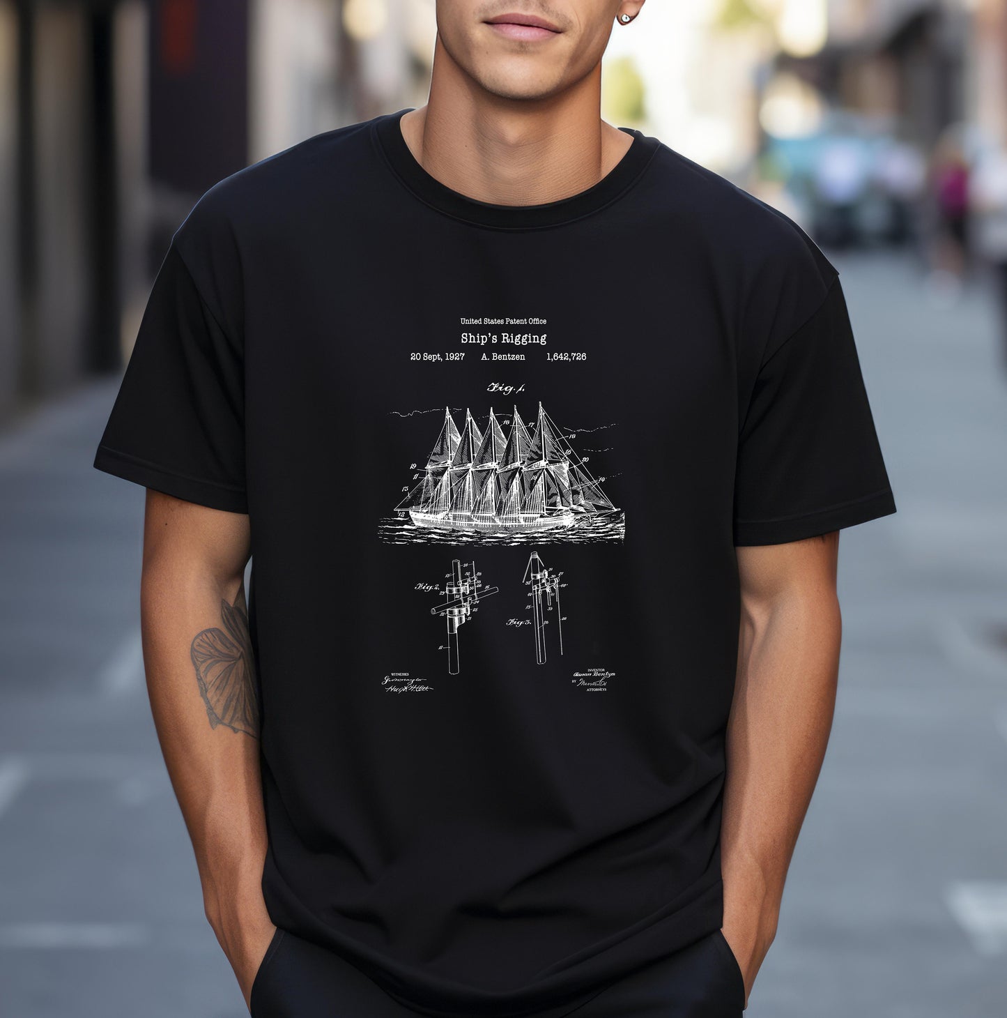 Old ships rigging maritime nautical design from US Patent Office. A quality T shirt perfect for sailors, sailing lovers, navy, naval, marine