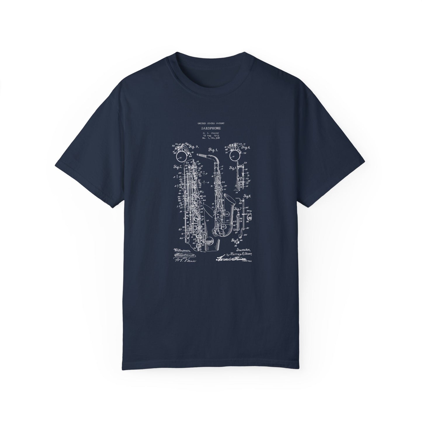 a navy blue t - shirt with a drawing of a pipe