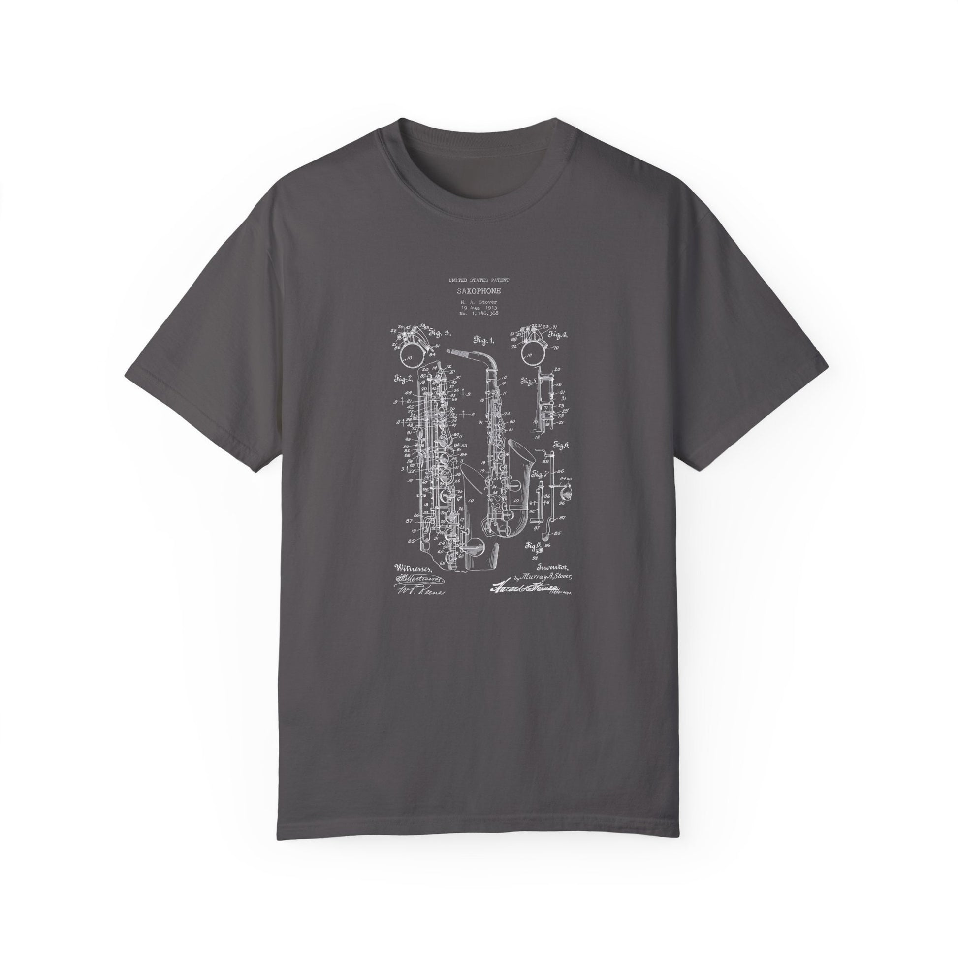 a gray t - shirt with a drawing of a pipe