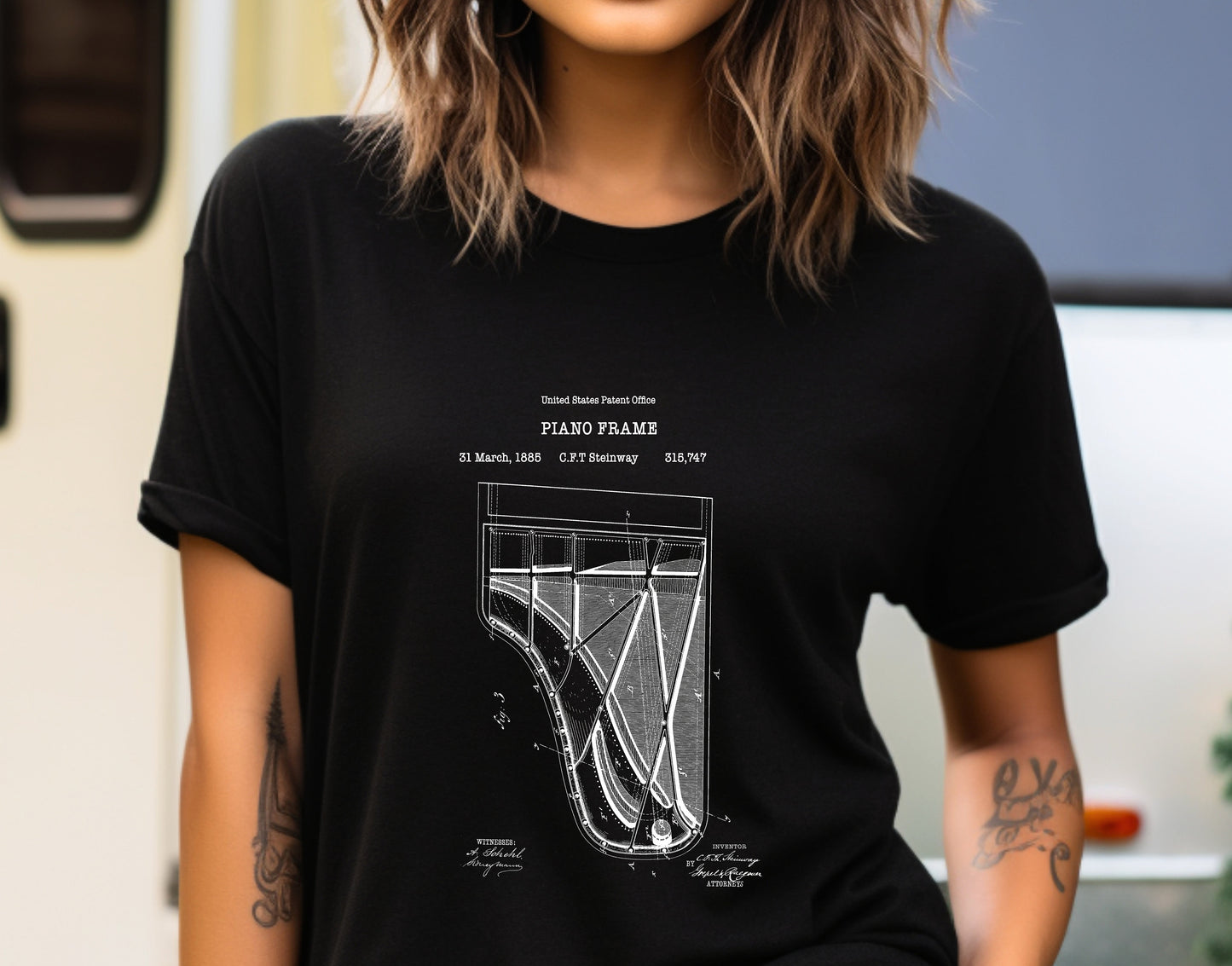 Steinway piano musical instrument patent from 1885 from the US Patent Office. A quality T shirt as gift for a music lover or piano player