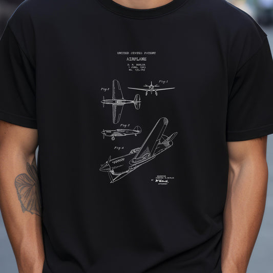 T shirt with US patent design for a US Air Force 1943 Curtiss P-40 Warhawk Fighter Plane. A quality T shirt as gift for aircraft, aviation