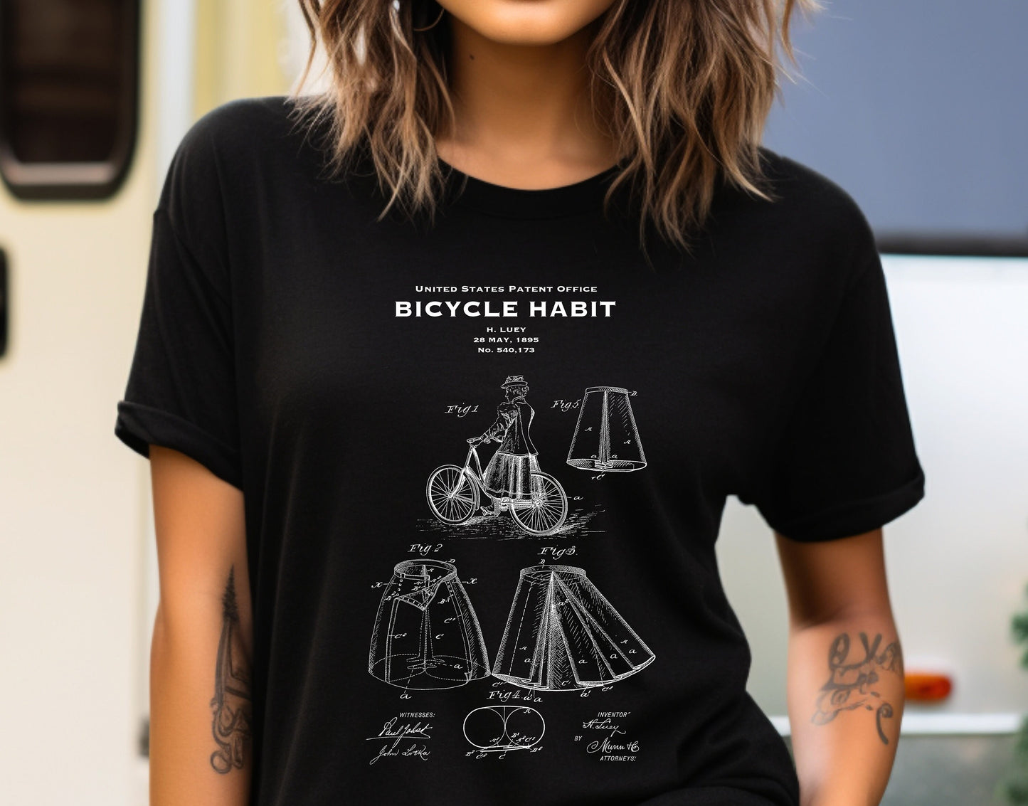 T shirt with US patent design from 1908 for quirky steampunk womens skirt for modesty cycling. Quality T shirt as gift for cyclists, cycling