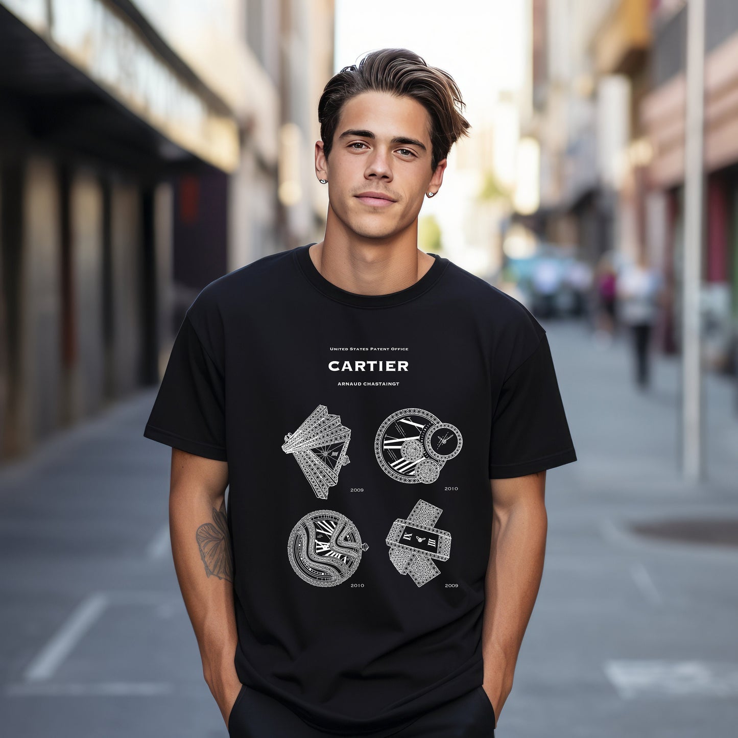 T shirt with US patent office designs for a variety of  Cartier watches by Arnaud Chastaingt, Quality T shirt as gift for watch collectors