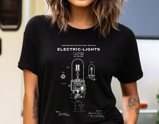 T shirt with famous patent design from 1880 for invention of electric lamp by Thomas Edison. Quality T shirt as gift for scientists