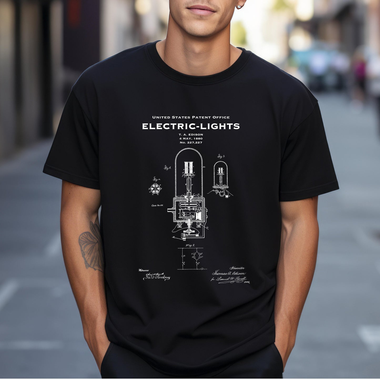 T shirt with famous patent design from 1880 for invention of electric lamp by Thomas Edison. Quality T shirt as gift for scientists