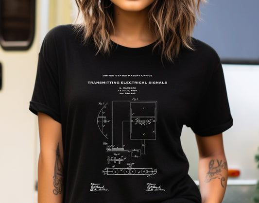 T shirt with US patent design from 1897 by Marconi invention of method of transmitting radio signals. Quality T shirt as gift for scientist