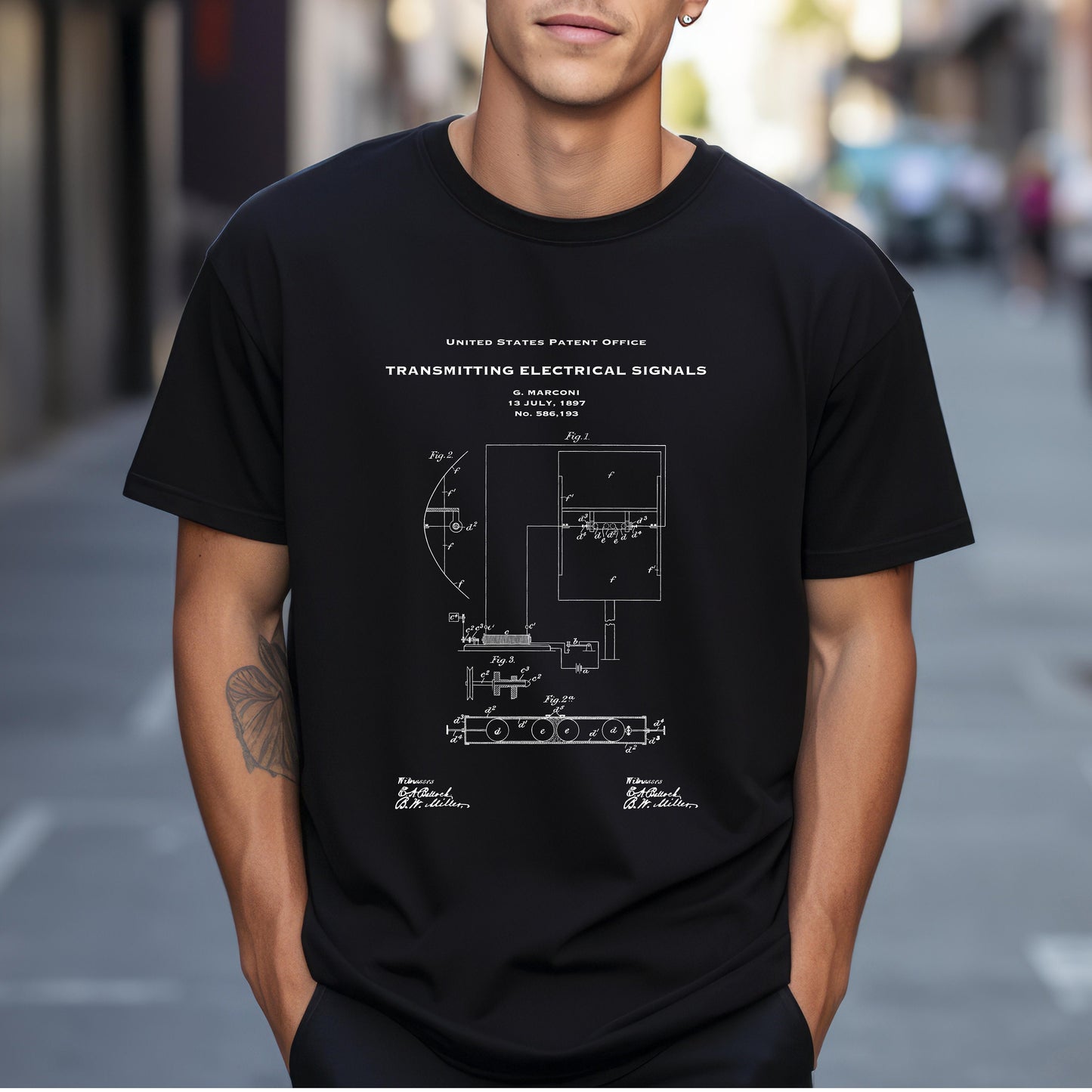 T shirt with US patent design from 1897 by Marconi invention of method of transmitting radio signals. Quality T shirt as gift for scientist