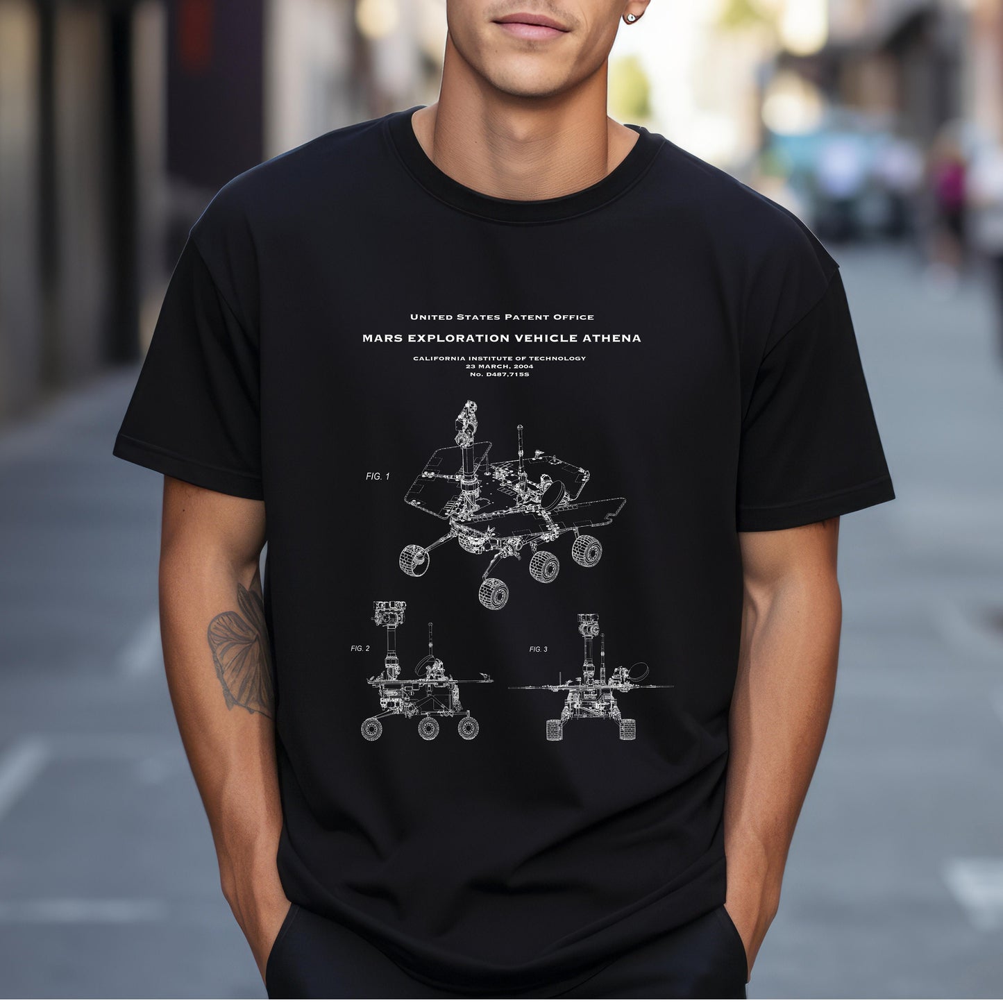 T shirt with US patent design from 2004 for a NASA Mars Exploration Vehicle Athena. Quality T shirt as gift for space fans, scientists