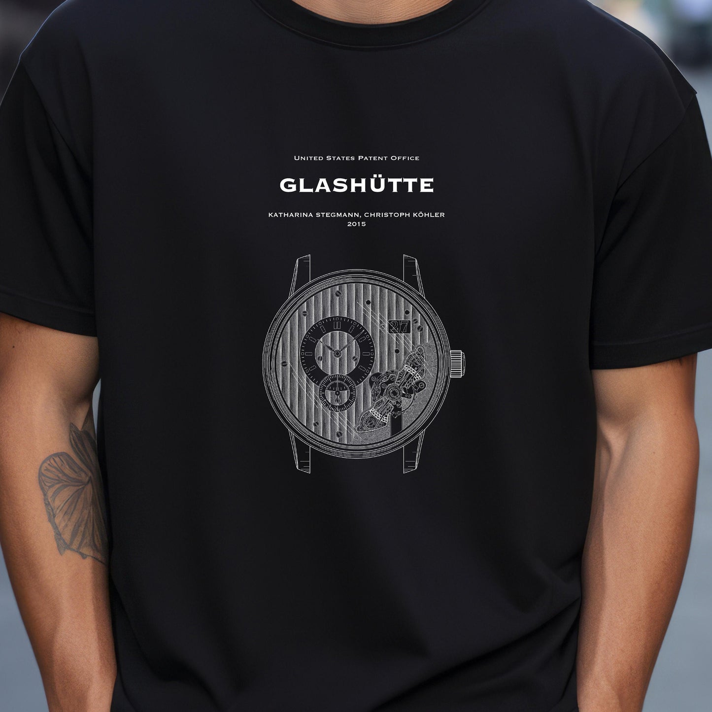 T shirt with US patent office design for Glashutte watch from 2015. Quality T shirt as gift for watch collectors, watches, luxury timepiece