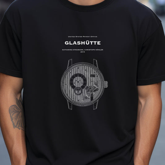 T shirt with US patent office design for Glashutte watch from 2015. Quality T shirt as gift for watch collectors, watches, luxury timepiece