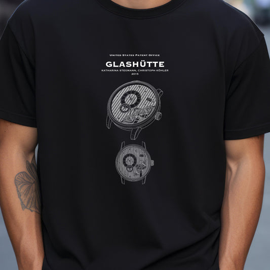 T shirt with US patent office design for a Glashutte watch from 2015. Quality T shirt as gift for watch collectors, luxury watches