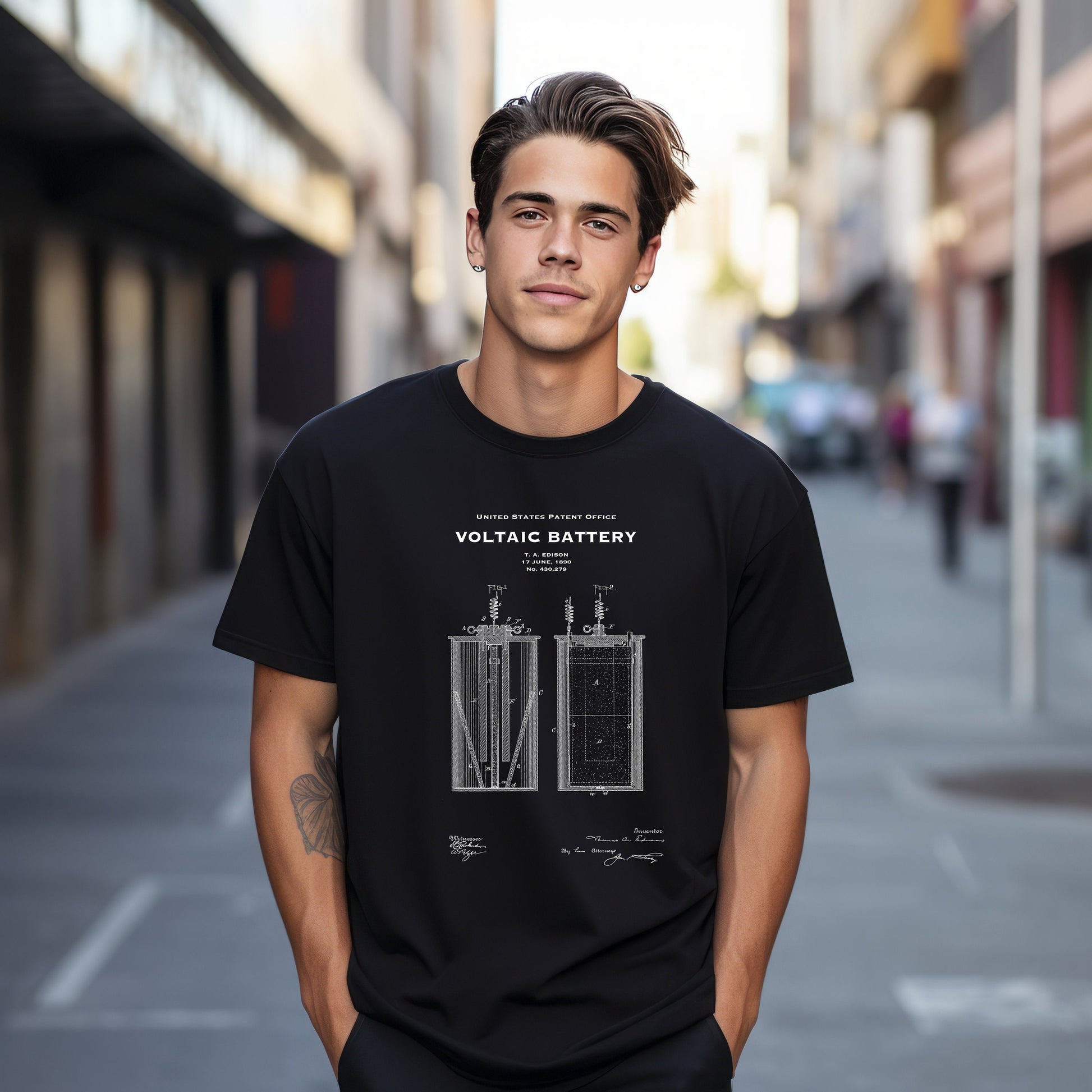 a man standing on a street next to a building