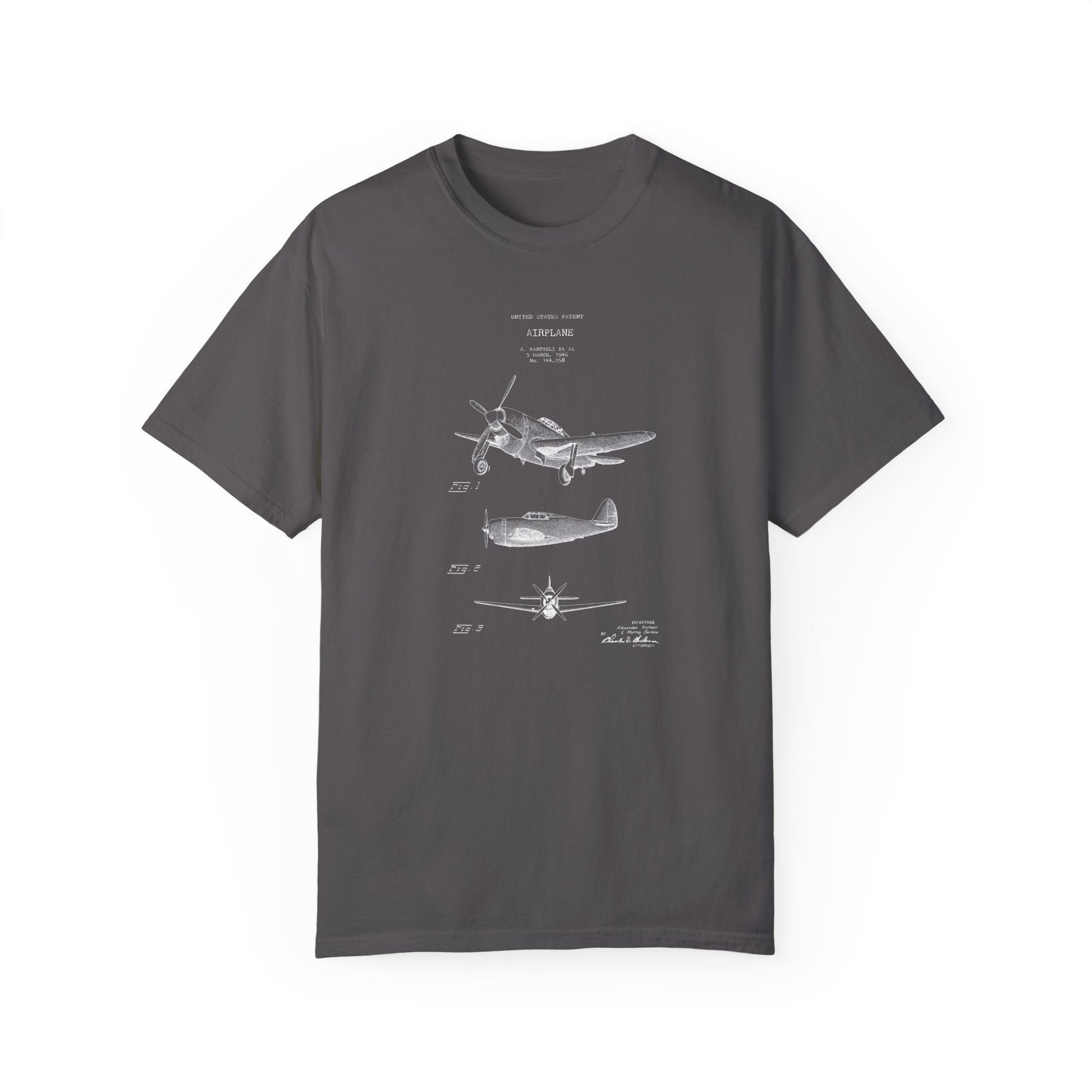 a gray t - shirt with a drawing of an airplane